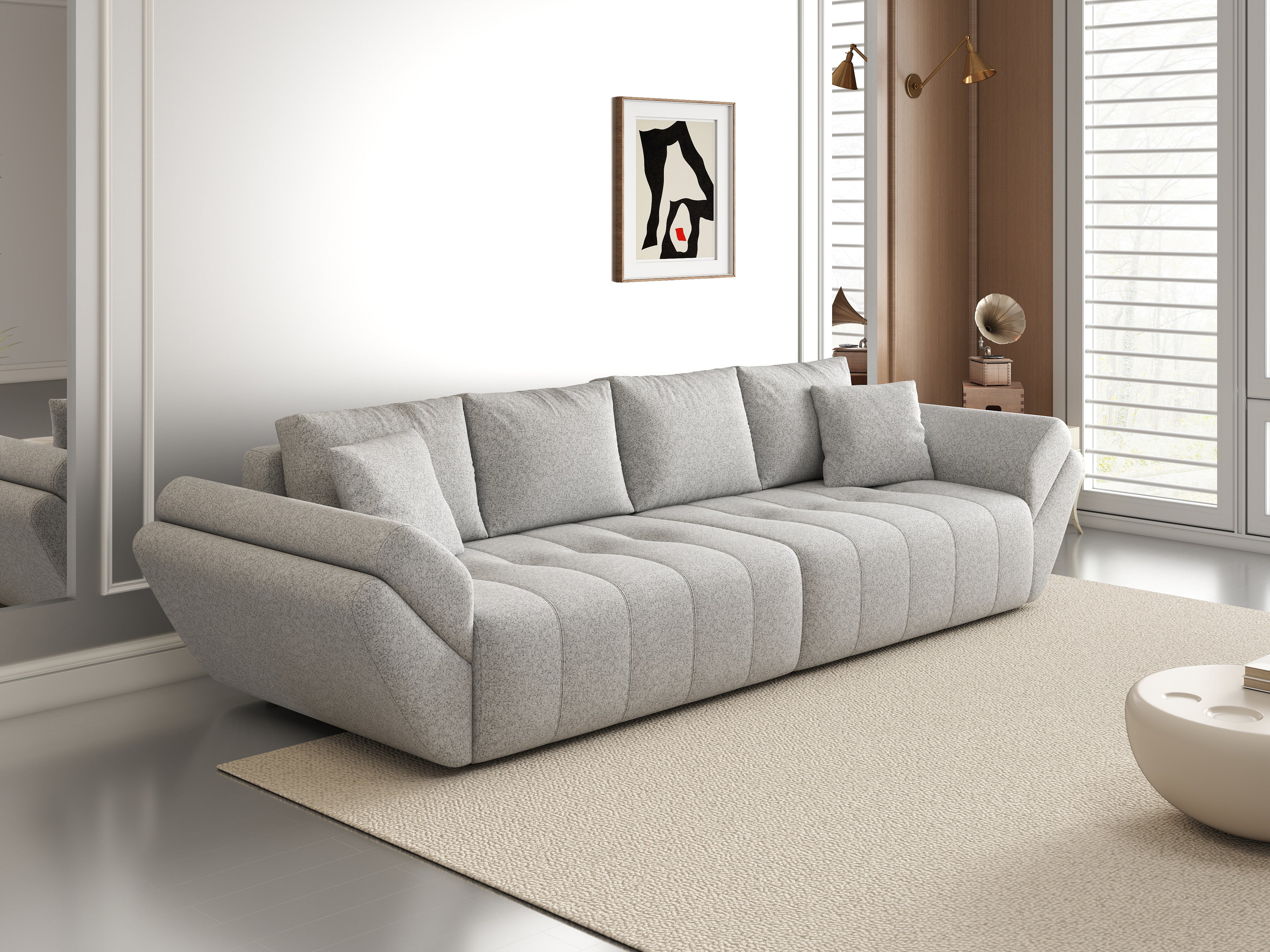 Canapea extensibilă dumonde cu ladă de depozitare si sezut confortabil din spuma HR, Berlin Euphoria Dove 300x100 cm Fabrica