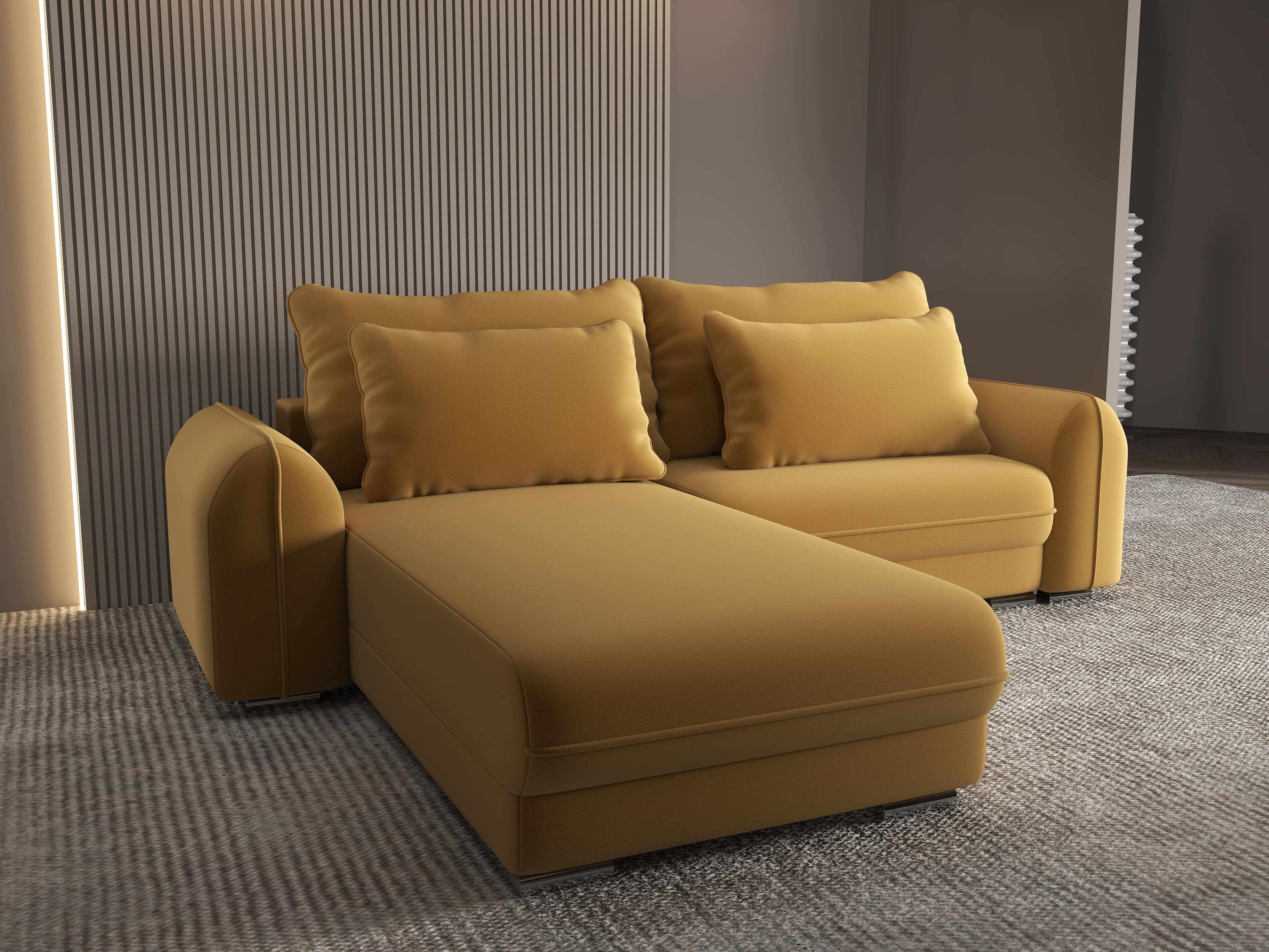 Colțar extensibil dumonde cu ladă de depozitare si sezut confortabil din spuma HR, Denver Royal Mustar 275x185 cm Fabrica