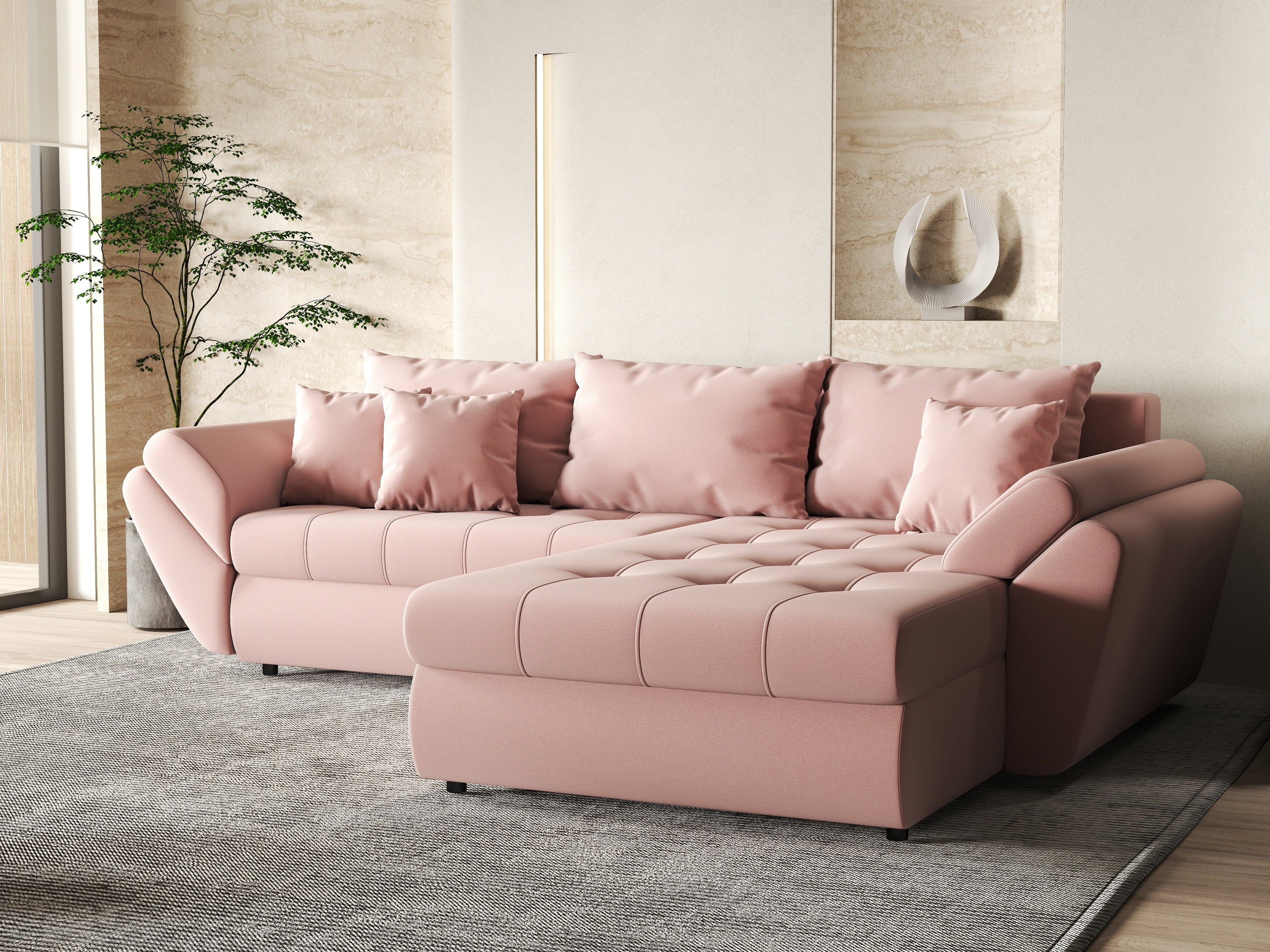 Colțar extensibil dumonde cu ladă de depozitare si sezut confortabil din spuma HR, Loana Royal Pink II 270x185 cm Fabrica