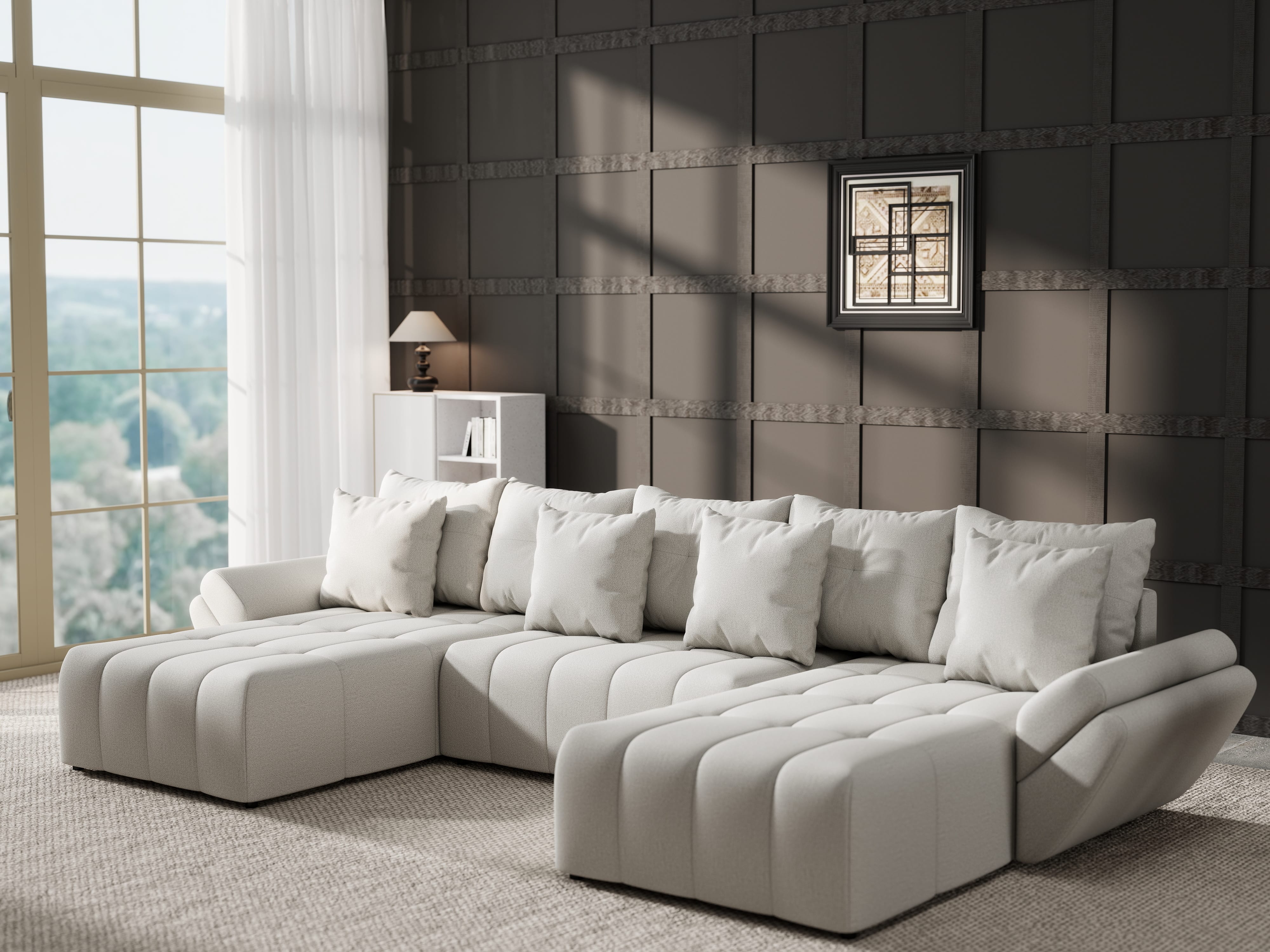 Colțar extensibil dumonde cu ladă de depozitare si sezut confortabil din spuma HR, Berlin U Enjoy Bej 380x180 cm Fabrica