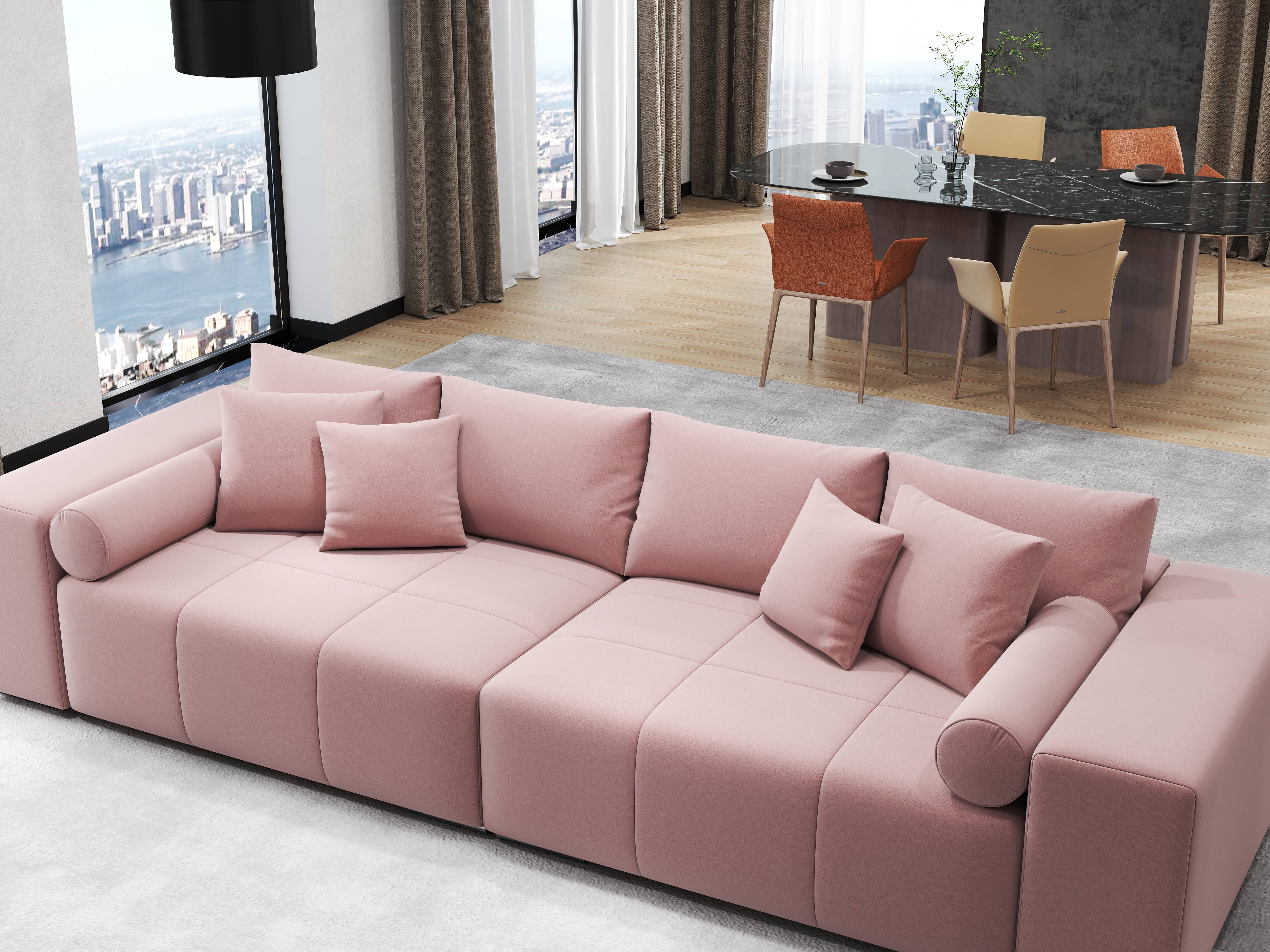 Canapea extensibilă dumonde cu ladă de depozitare si sezut confortabil din spuma HR, Marbela Royal Roz XXL 295x100 cm fabrica