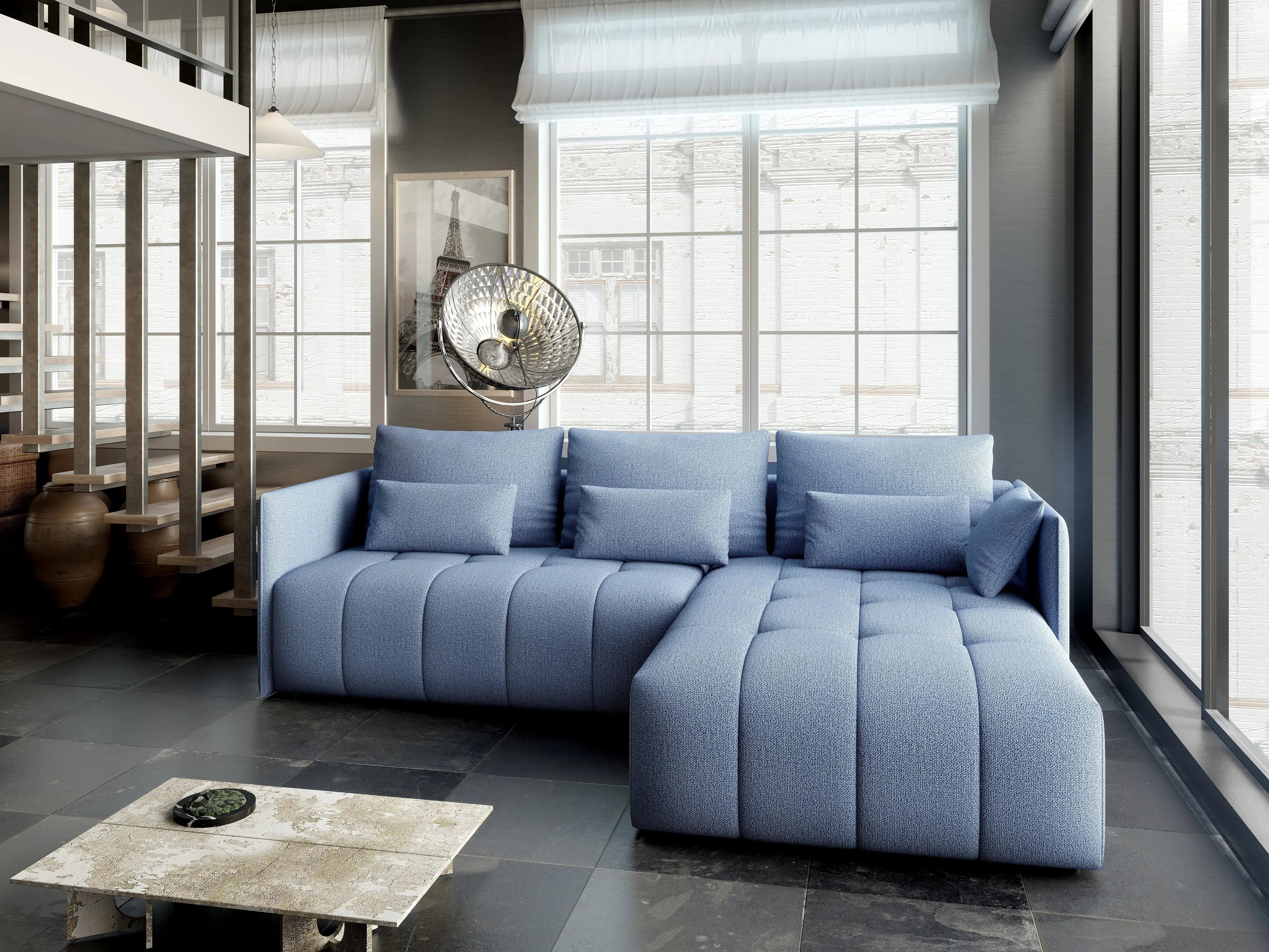 Colțar extensibil dumonde cu ladă de depozitare si sezut confortabil din spuma HR, Malta Blue II 235x185 cm Fabrica