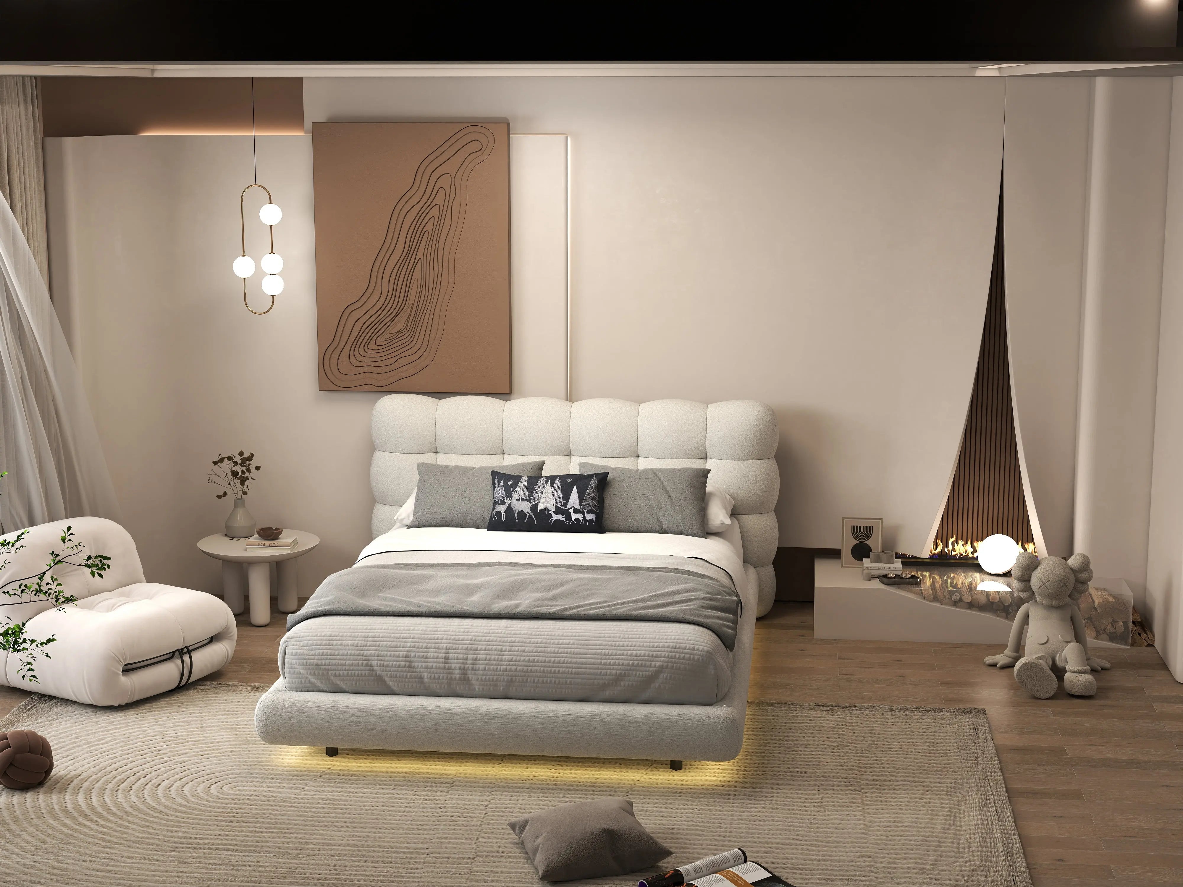 Pat dormitor dumonde, tapitat alb cu LED, "floating bed" Cloud 140x200 cm, somiera inclusa WLS