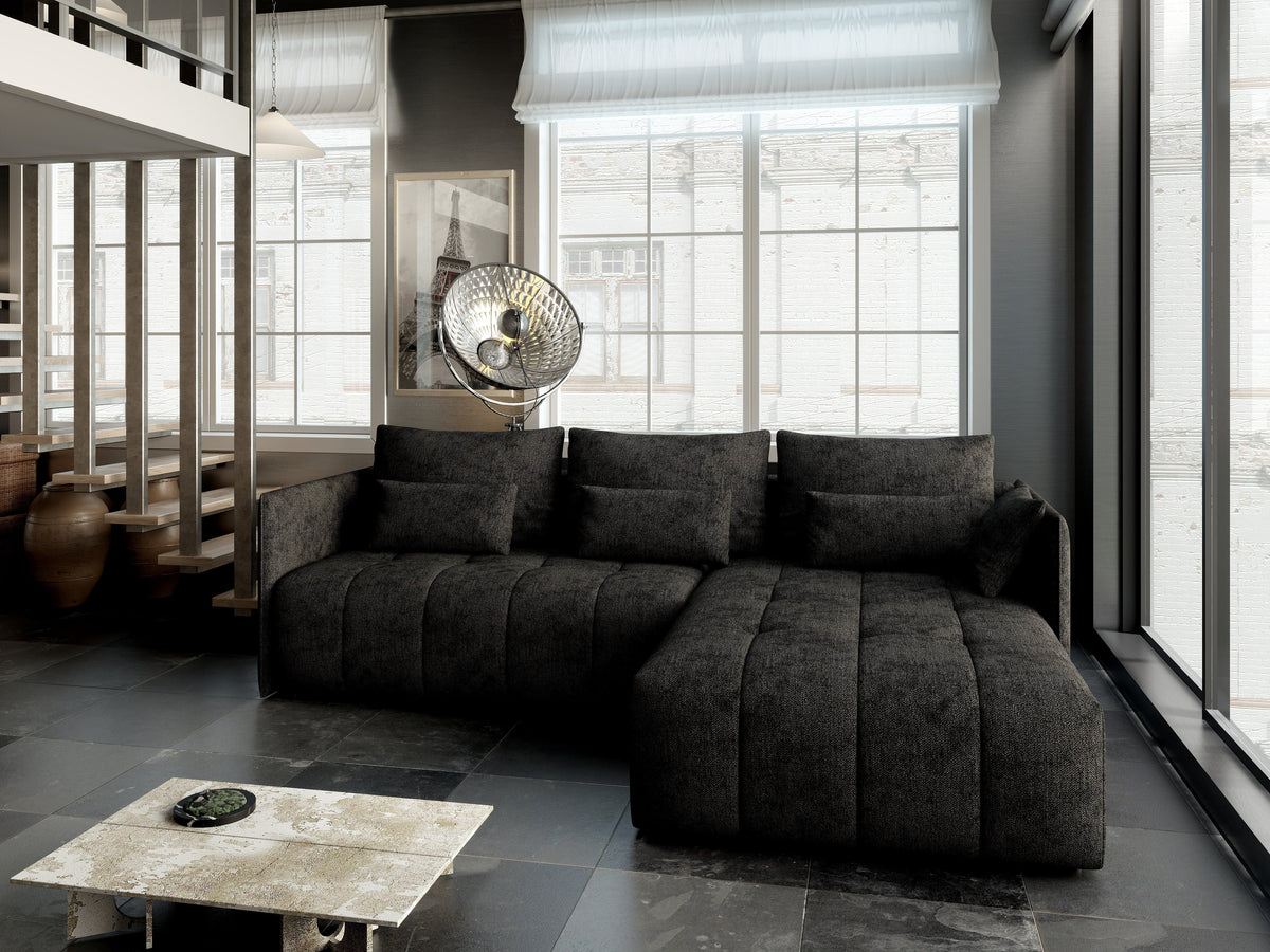 Colțar extensibil dumonde cu ladă de depozitare si sezut confortabil din spuma HR, Malta Enjoy Black II 235x185 cm Fabrica