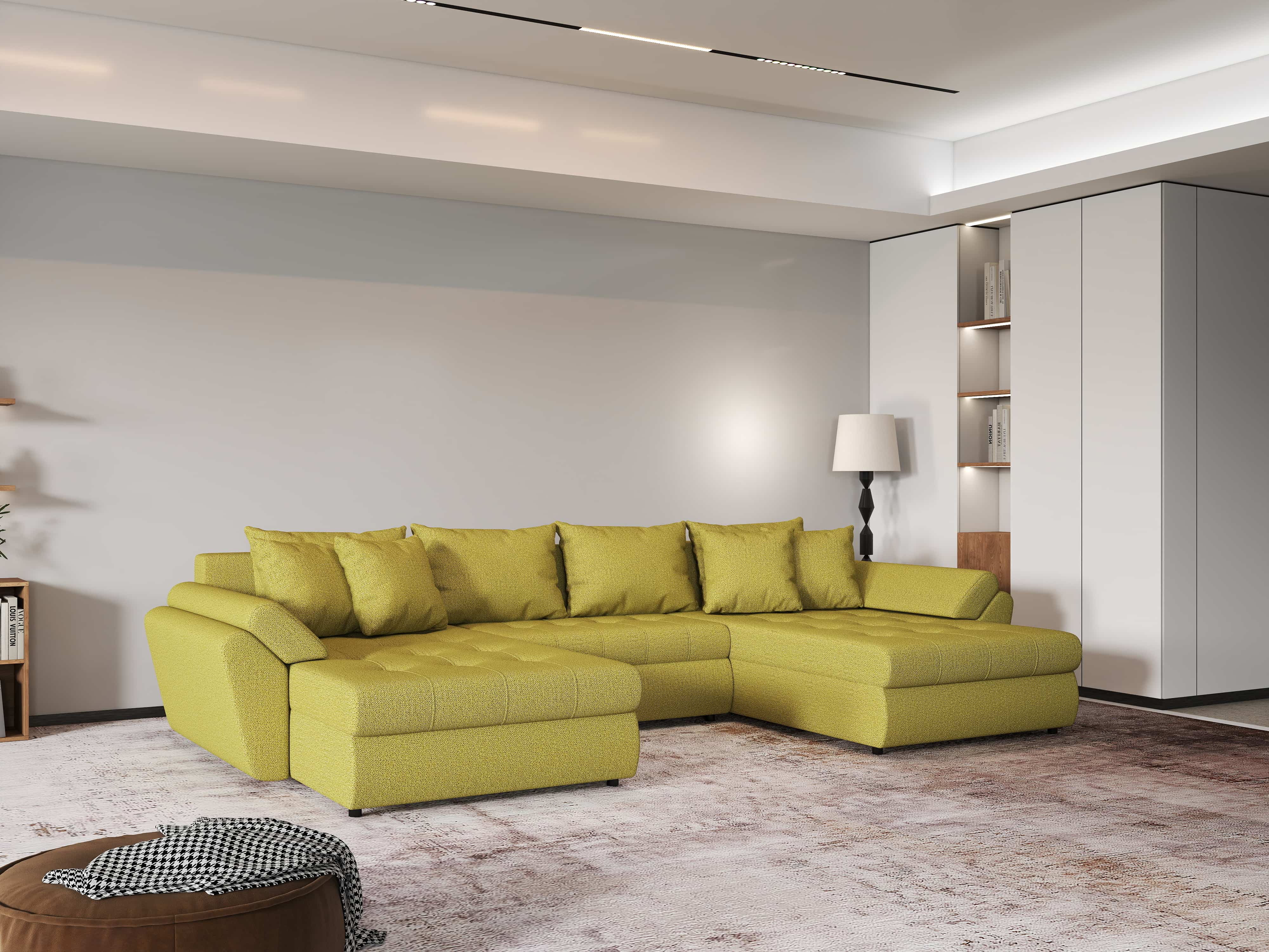 Colțar extensibil dumonde cu ladă de depozitare si sezut confortabil din spuma HR, Loana U Green Lux 355x185 cm Fabrica