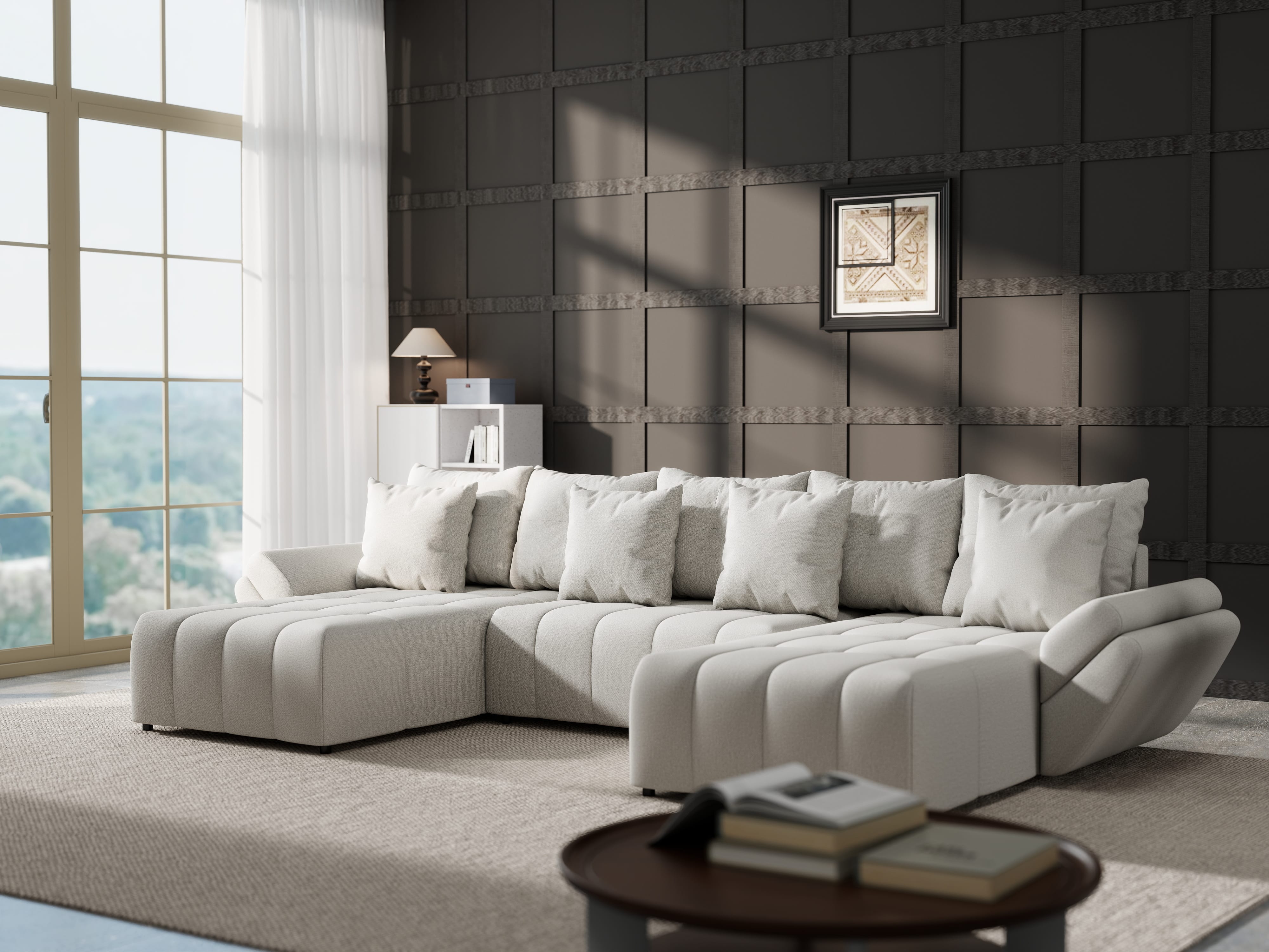 Colțar extensibil dumonde cu ladă de depozitare si sezut confortabil din spuma HR, Berlin U Enjoy Bej 380x180 cm Fabrica