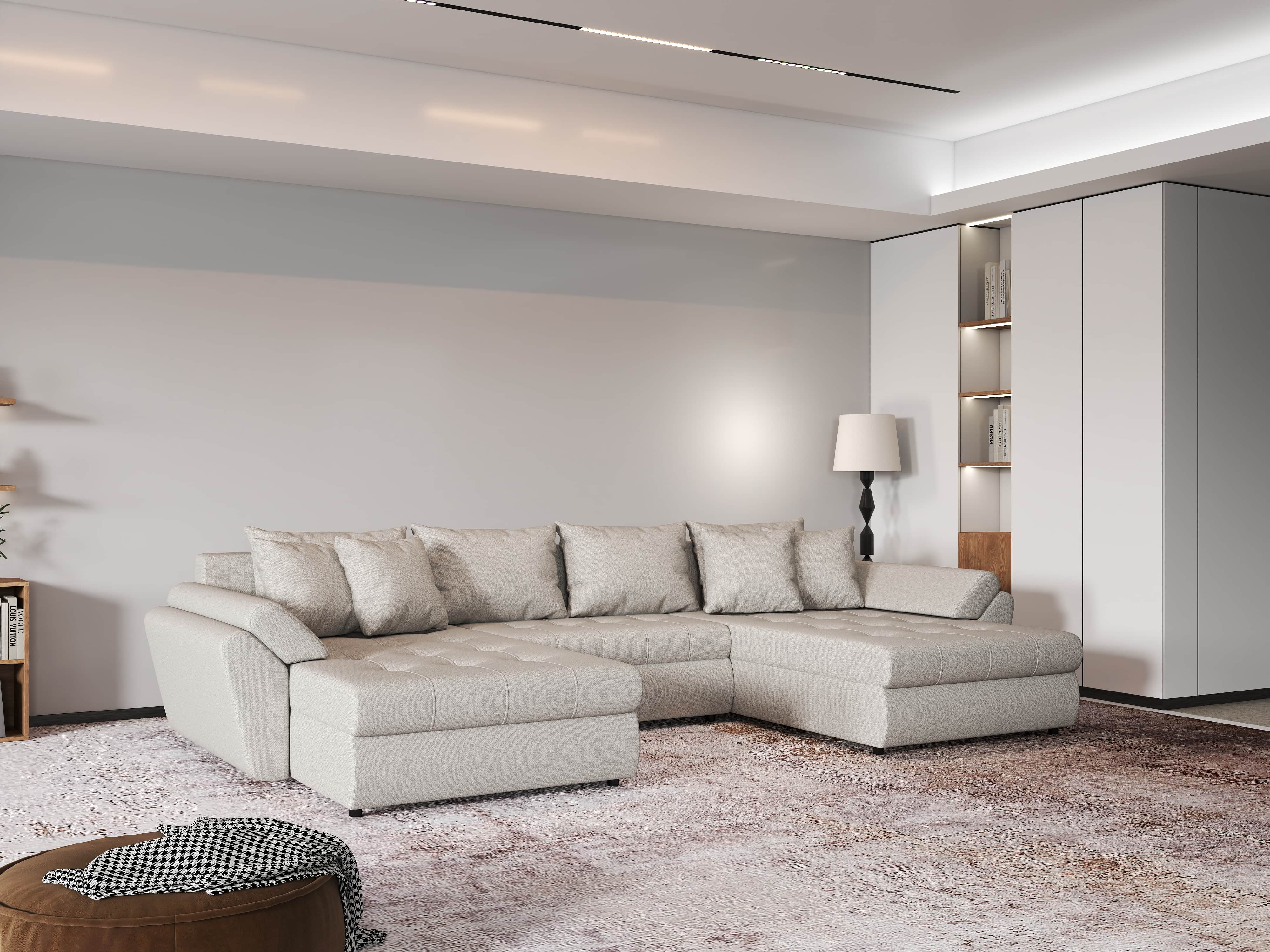 Colțar extensibil dumonde cu ladă de depozitare si sezut confortabil din spuma HR, Loana Bej U 355x185 cm Fabrica