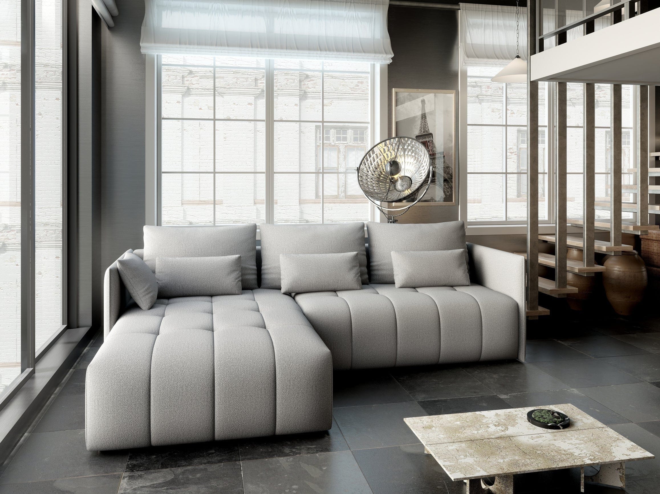 Colțar extensibil dumonde cu ladă de depozitare si sezut confortabil din spuma HR, Malta Enjoy Silver II 235x185 cm Fabrica
