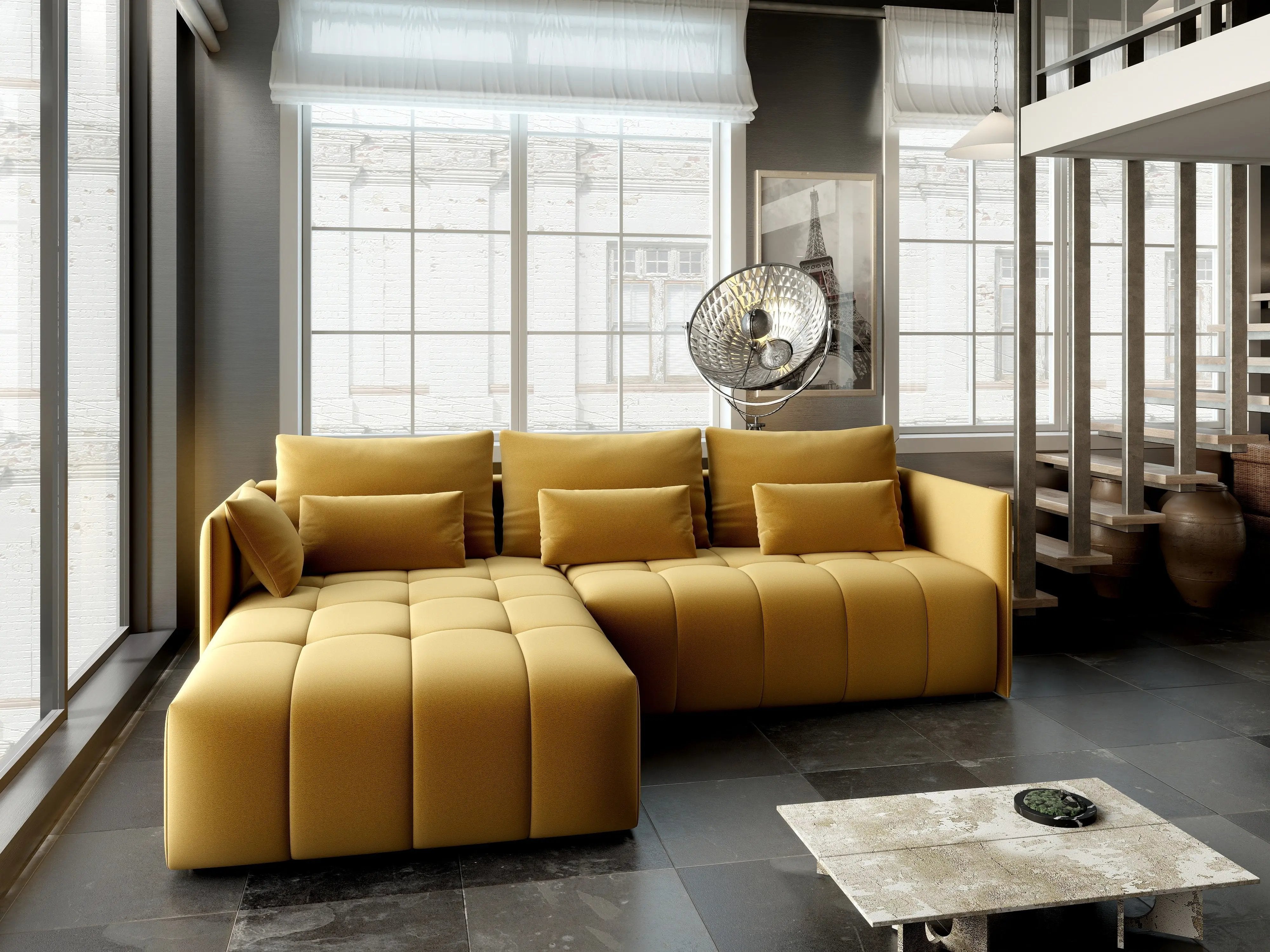 Colțar extensibil dumonde cu ladă de depozitare si sezut confortabil din spuma HR, Malta Royal Muștar 235x185 cm Fabrica