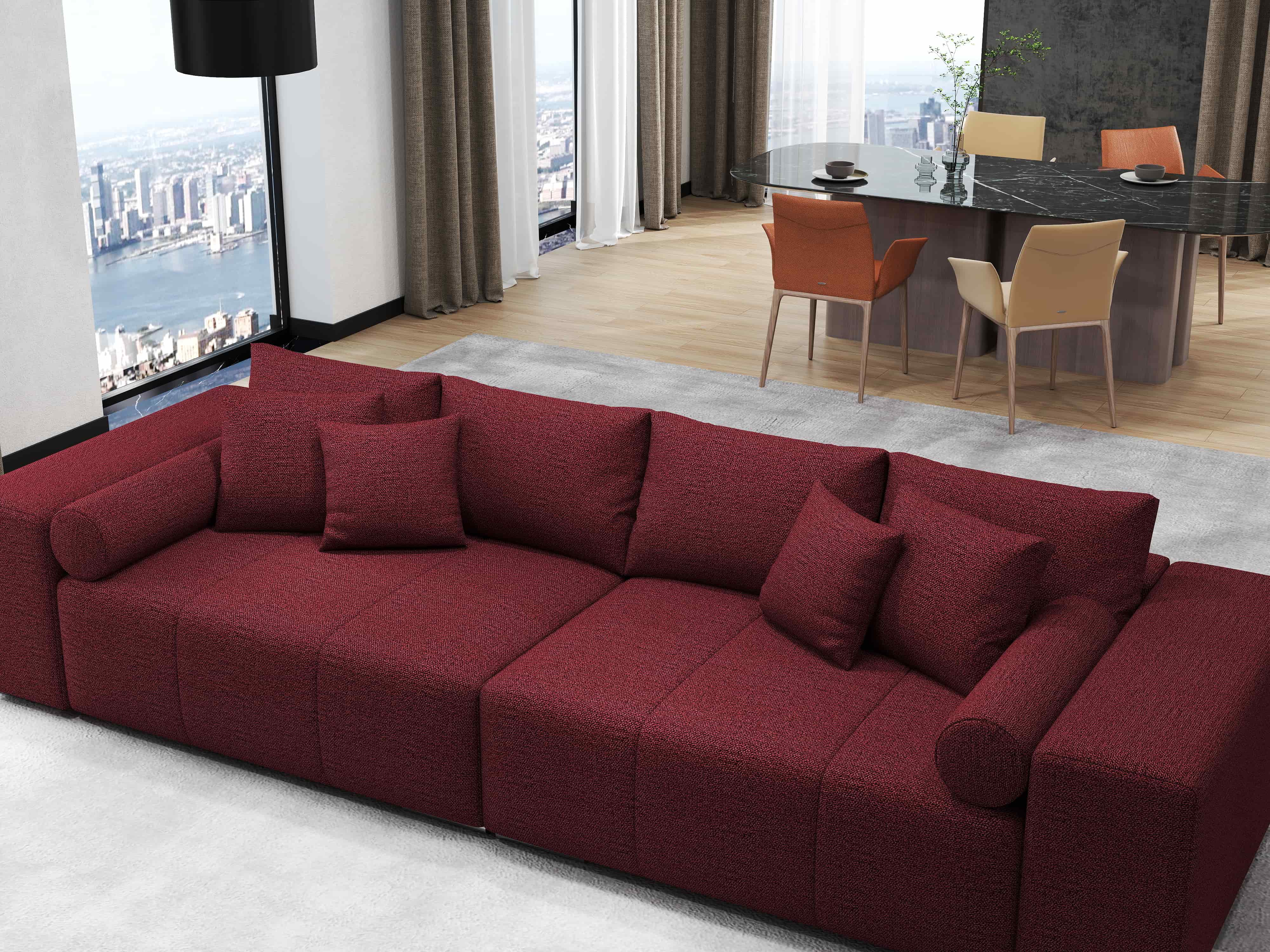 Canapea extensibilă dumonde cu ladă de depozitare si sezut confortabil din spuma HR, Marbela Enjoy Rosu XXL 295x100 cm fabrica