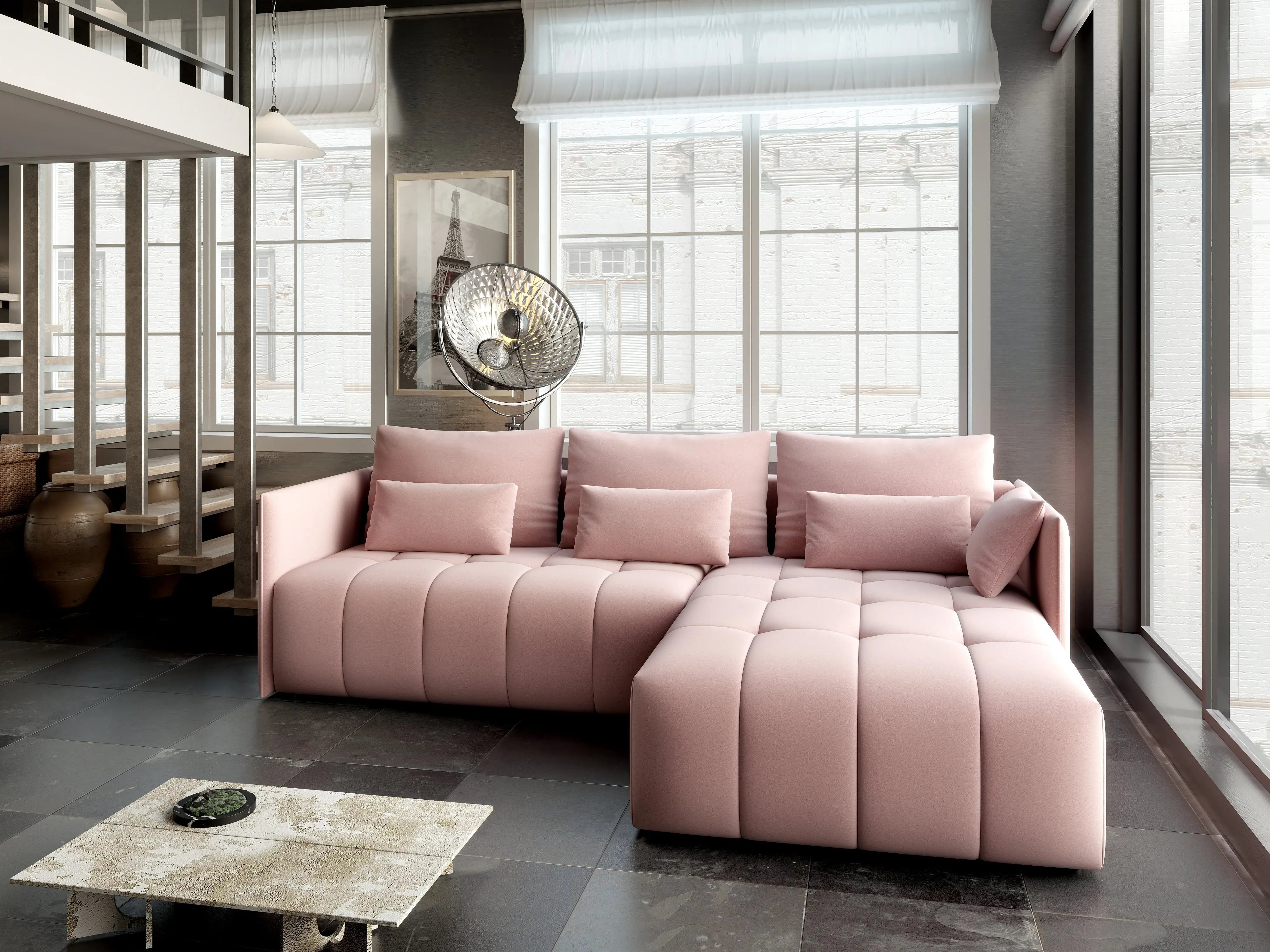 Colțar extensibil dumonde cu ladă de depozitare si sezut confortabil din spuma HR, Malta Roz Pudrat II 235x185 cm Fabrica