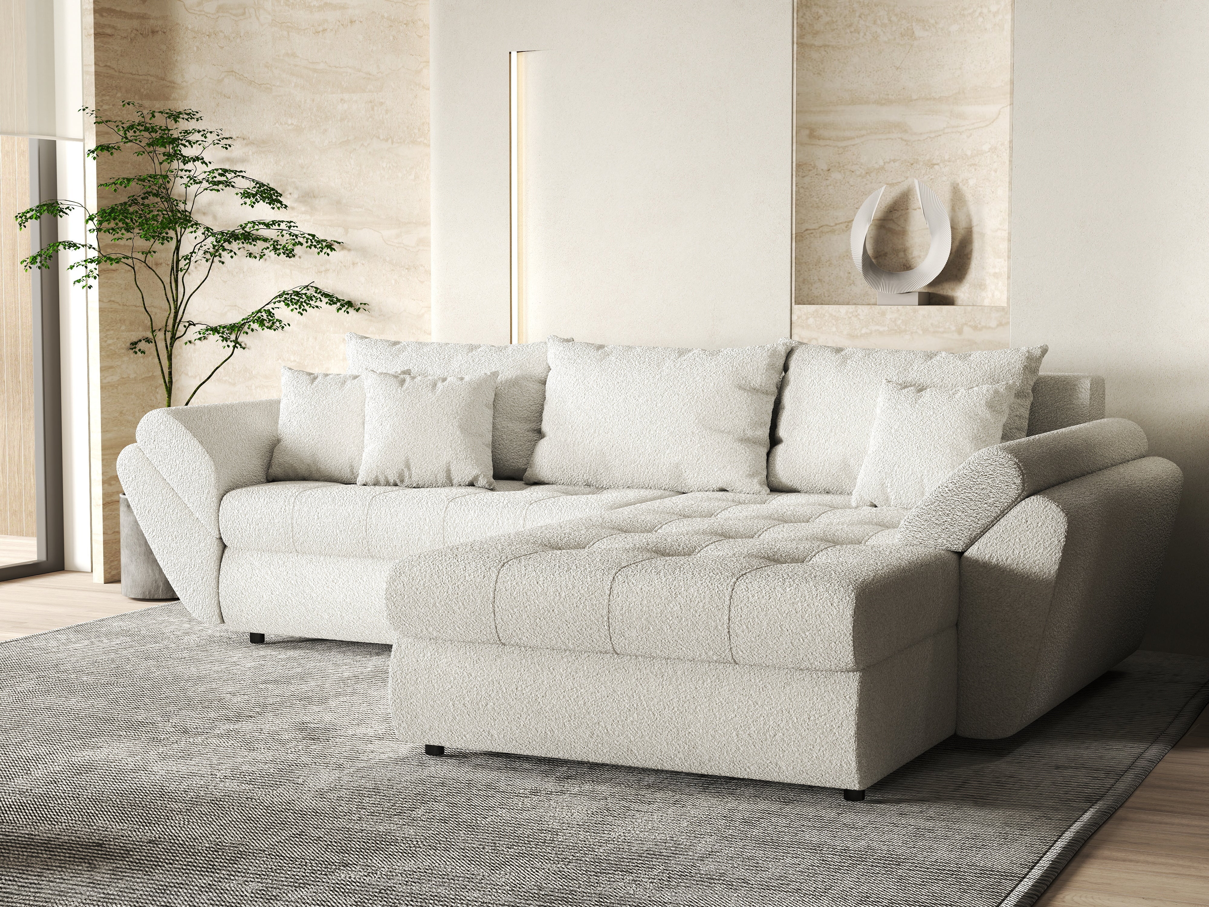 Colțar extensibil dumonde cu ladă de depozitare si sezut confortabil din spuma HR, Loana Euphoria Ivory II 270x185 cm Fabrica