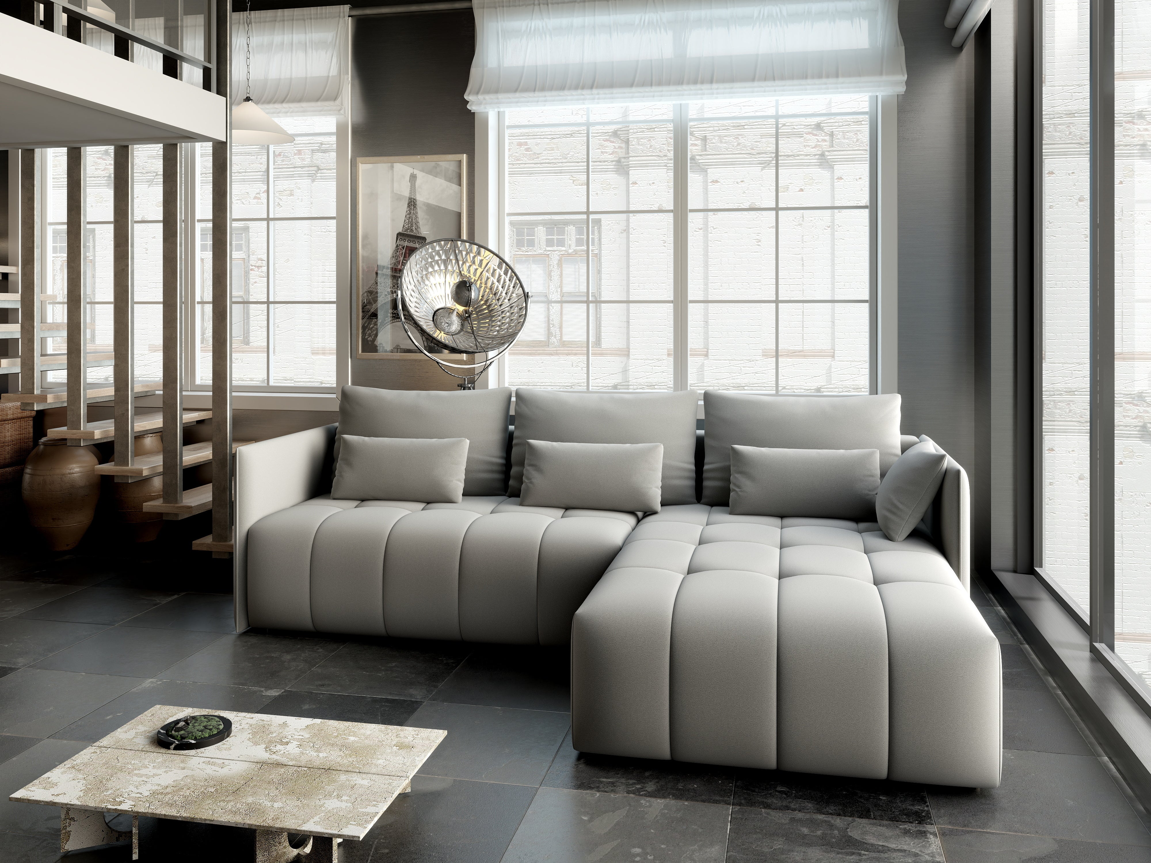 Colțar extensibil dumonde cu ladă de depozitare si sezut confortabil din spuma HR, Malta Royal Grey II 235x185 cm Fabrica