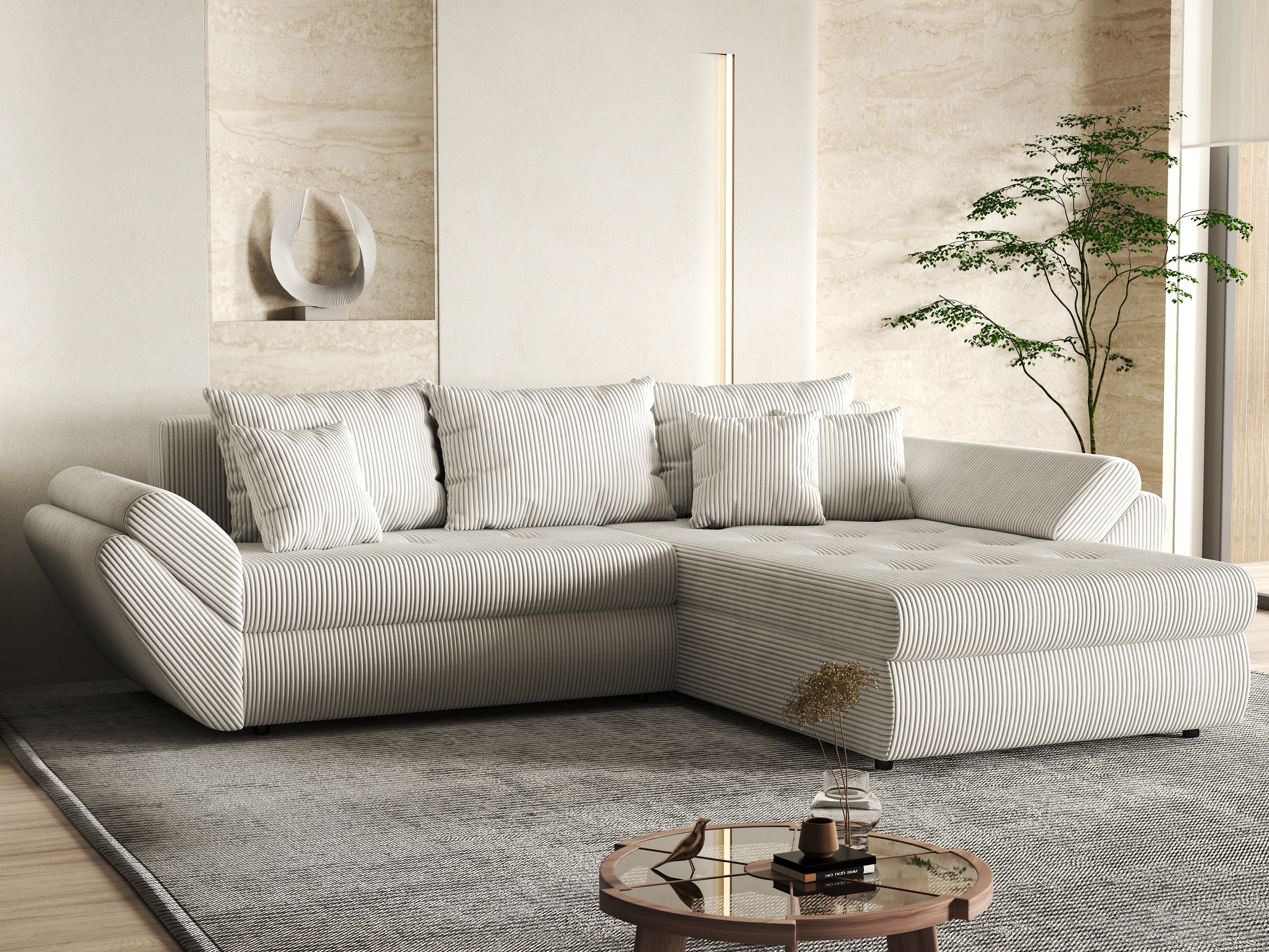 Colțar extensibil dumonde cu ladă de depozitare si sezut confortabil din spuma HR, Loana Zoom Crem II 270x185 cm Fabrica