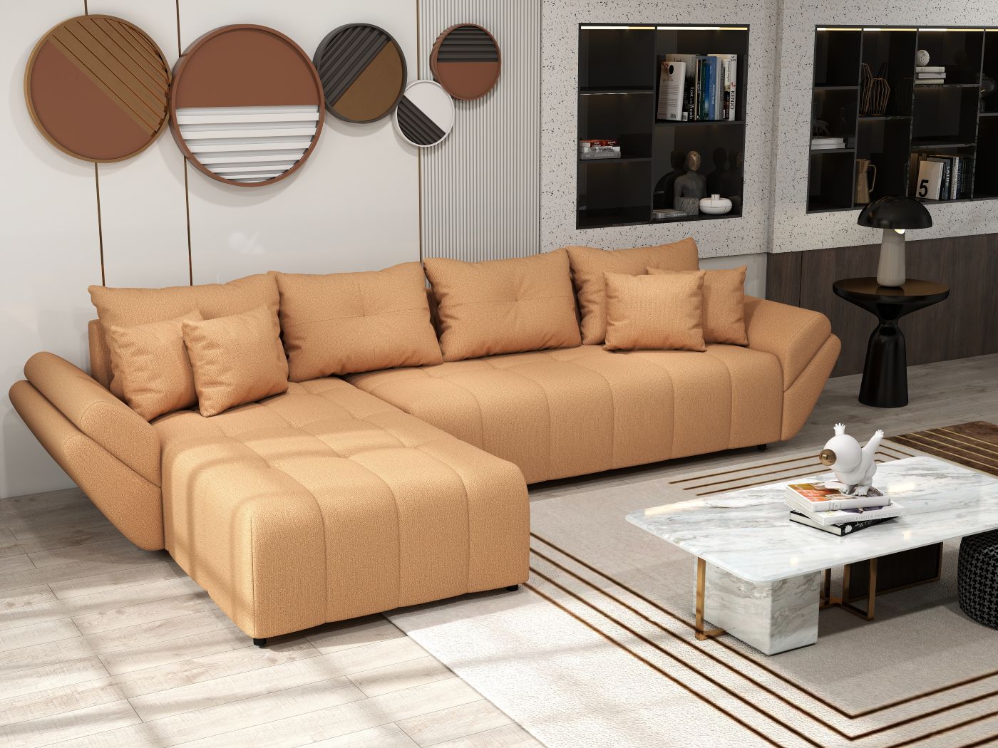 Colțar extensibil dumonde cu ladă de depozitare si sezut confortabil din spuma HR, Berlin XL Enjoy Mango 350x185 cm Fabrica