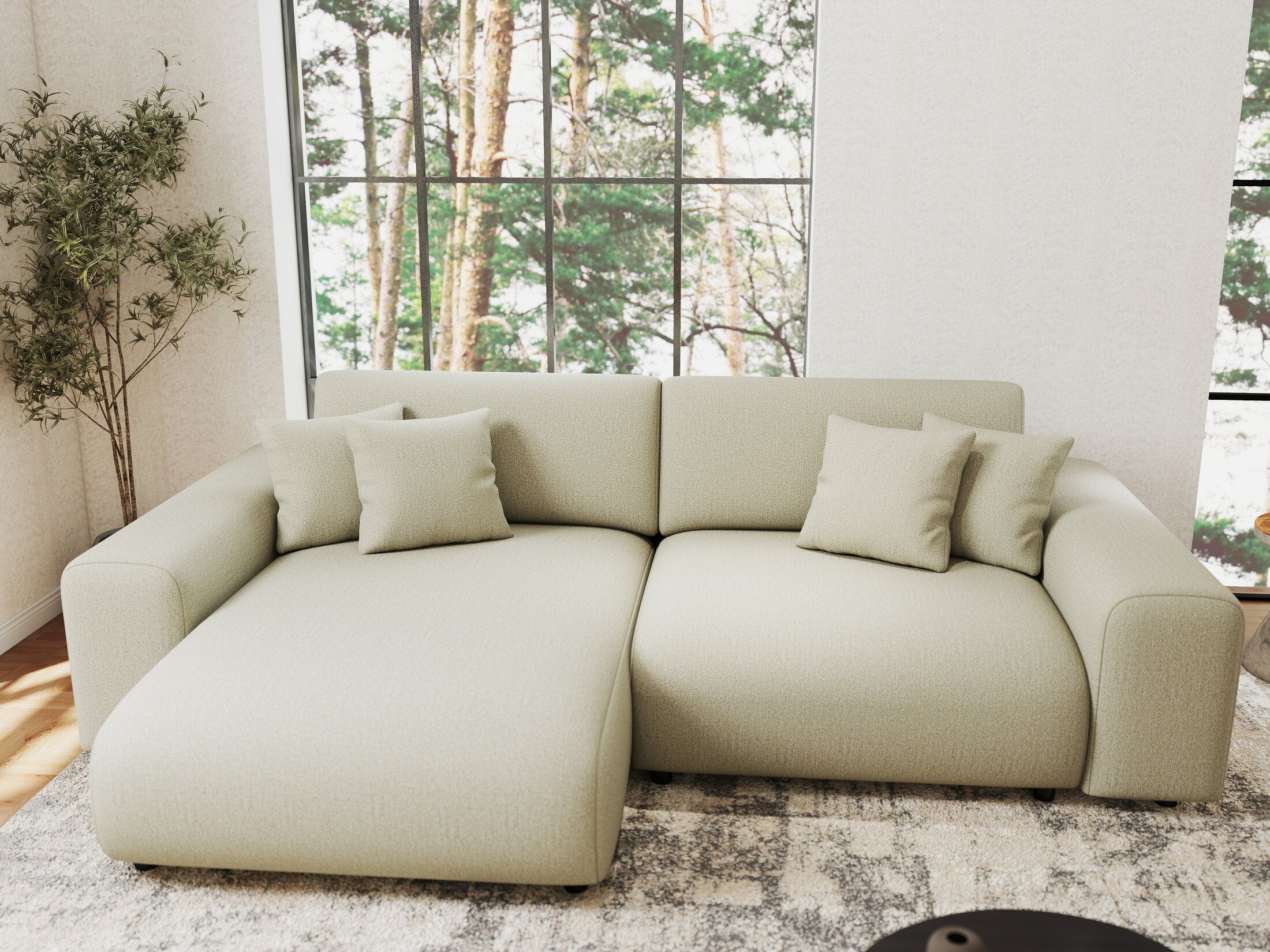 Colțar extensibil dumonde cu ladă de depozitare si sezut confortabil din spuma HR, Sarina Enjoy Bej 255x168 cm