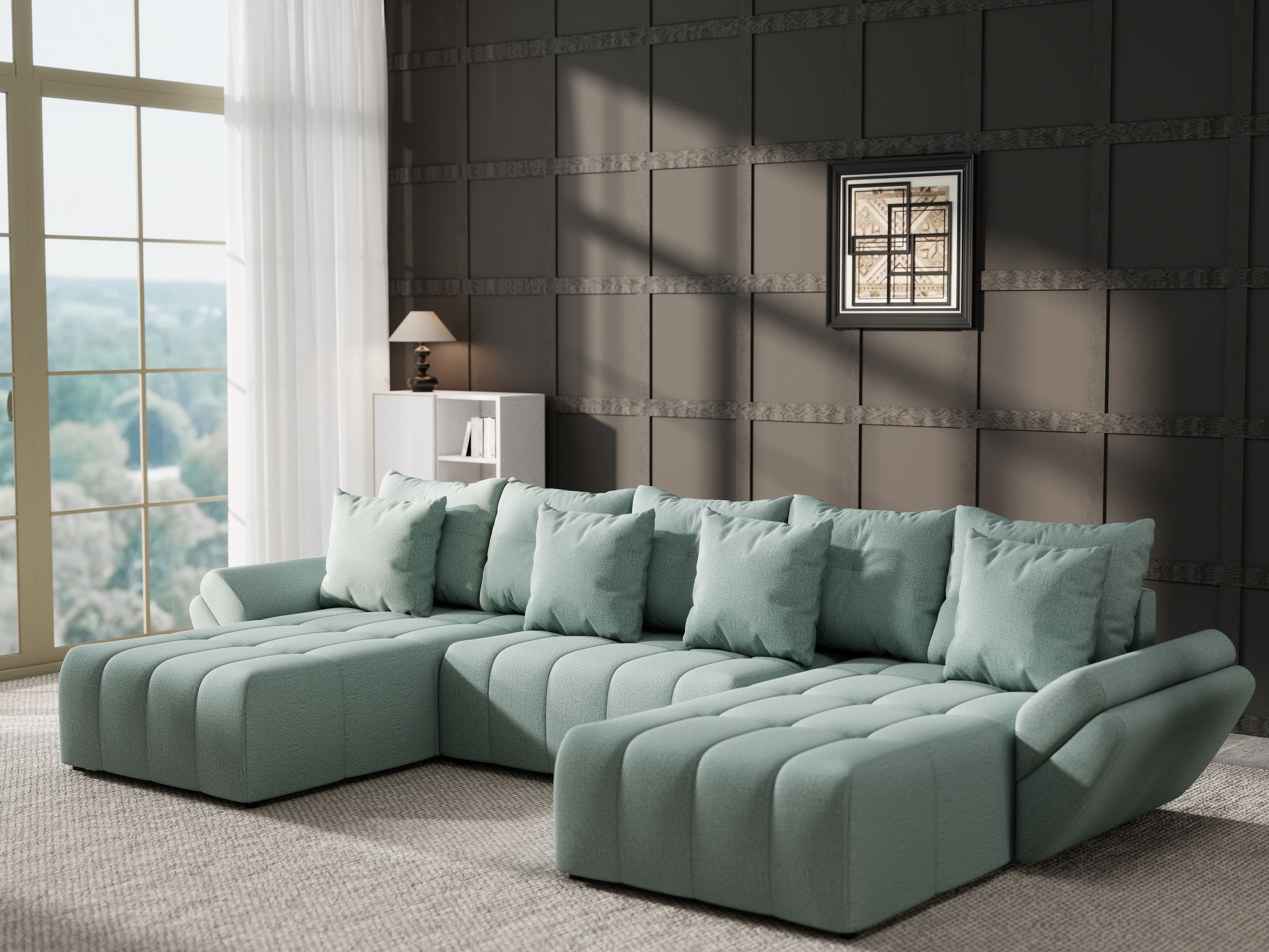 Colțar extensibil dumonde cu ladă de depozitare si sezut confortabil din spuma HR, Berlin U Enjoy Mint 380x180 cm Fabrica