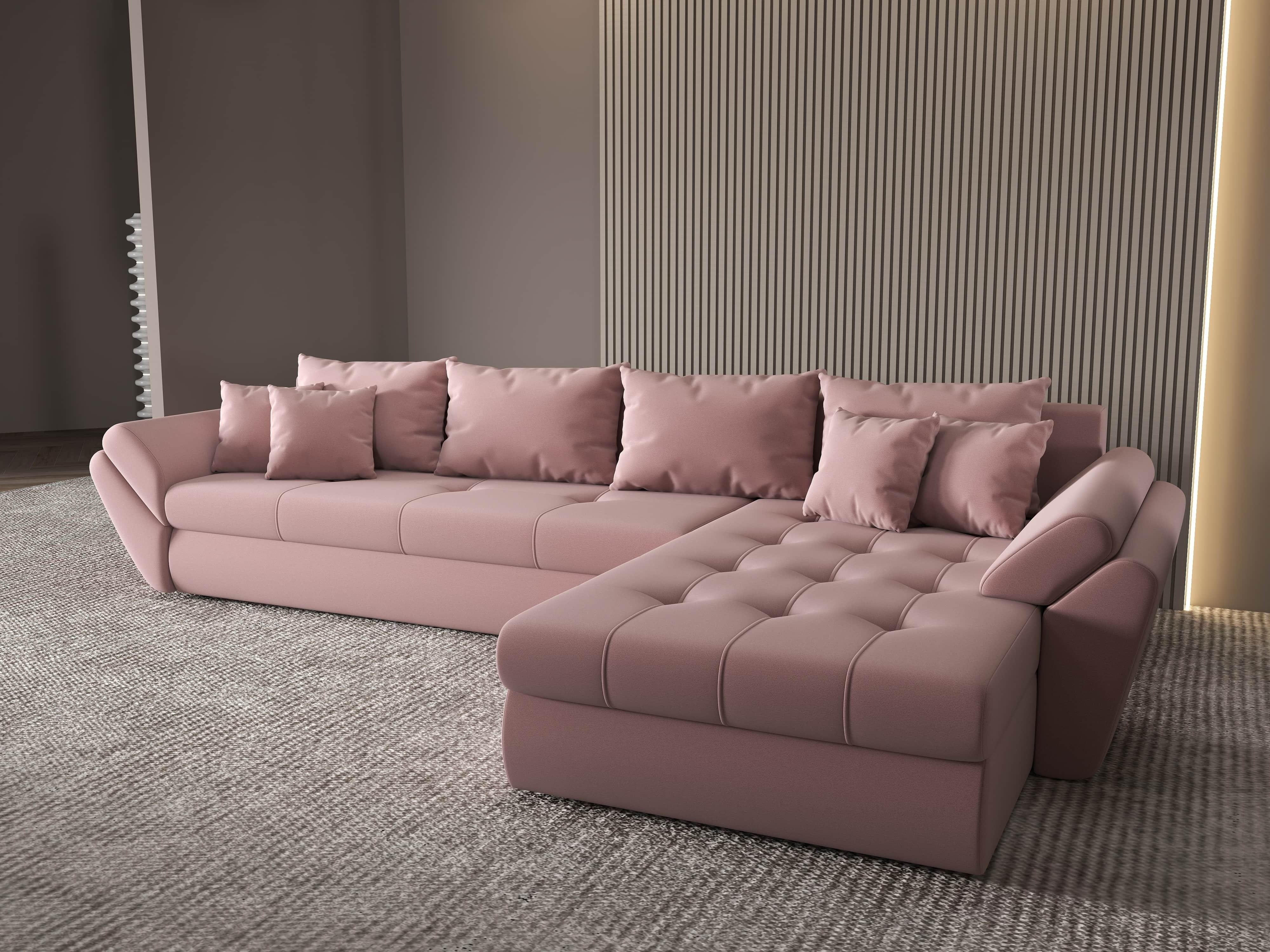 Colțar extensibil dumonde cu ladă de depozitare si sezut confortabil din spuma HR, Loana XL Royal Roz II 335x185 cm Fabrica