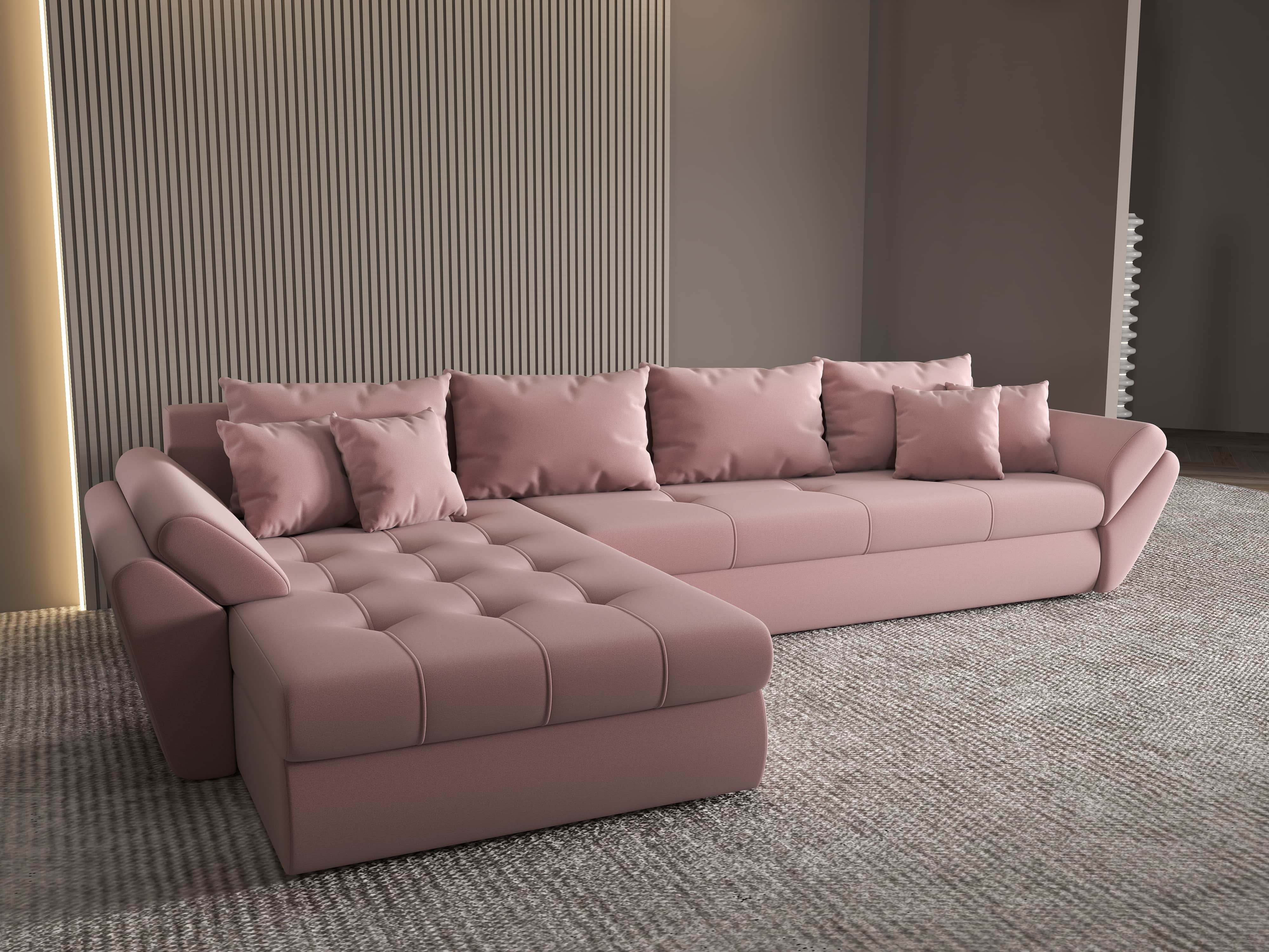 Colțar extensibil dumonde cu ladă de depozitare si sezut confortabil din spuma HR, Loana XL Royal Roz 335x185 cm Fabrica