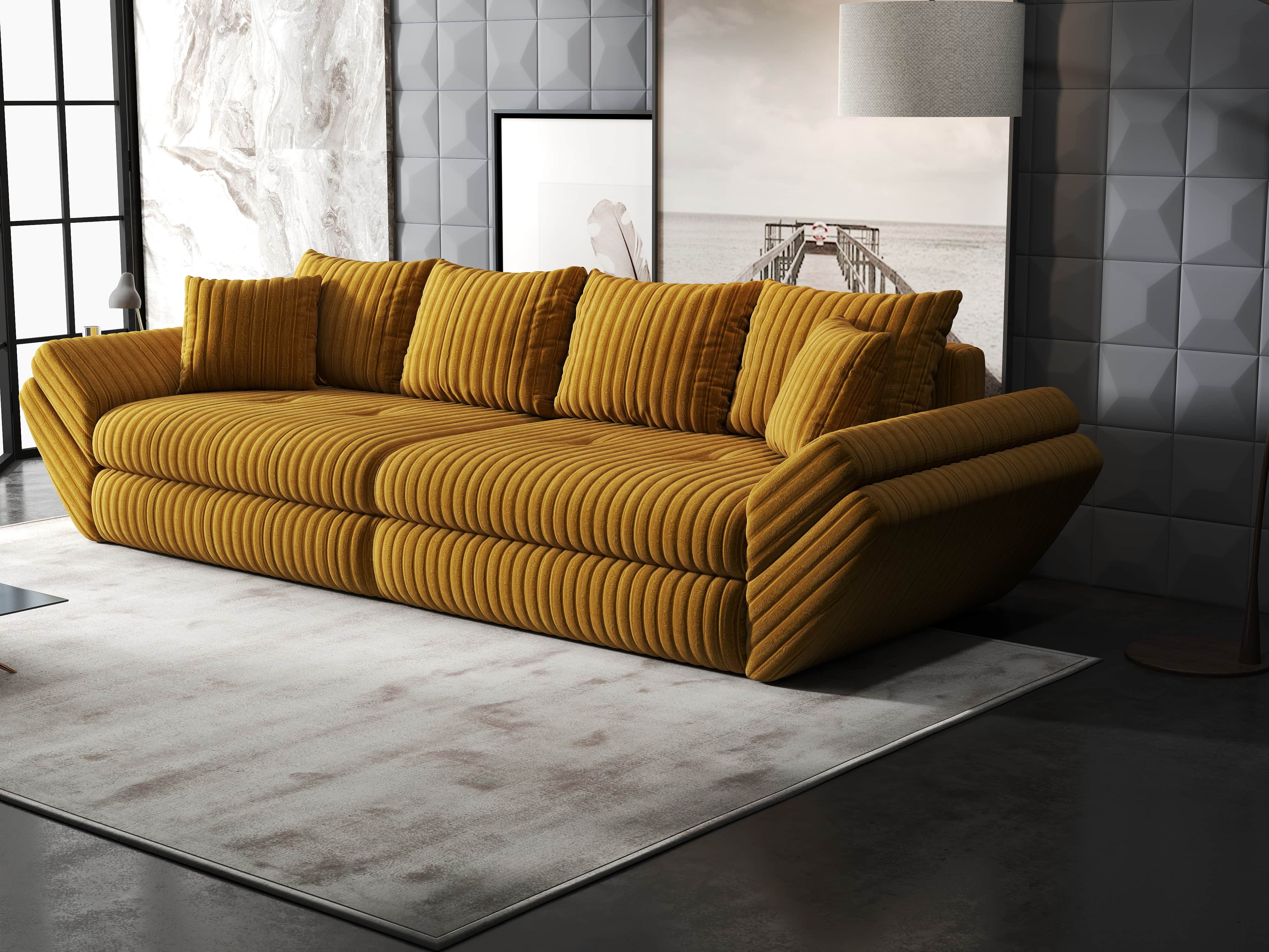 Canapea extensibilă dumonde cu ladă de depozitare si sezut confortabil din spuma HR, Loana Ambience Mustar 300x100 cm Fabrica