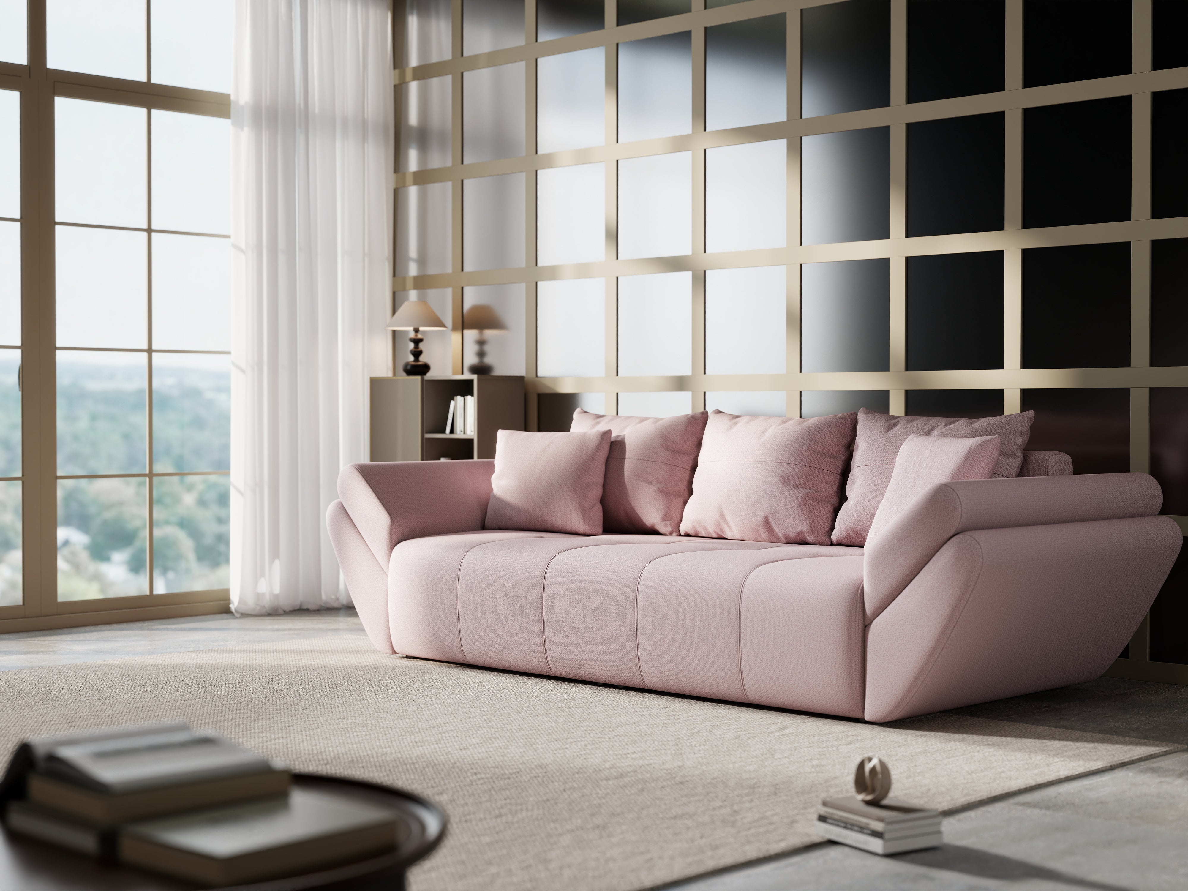 Canapea extensibilă dumonde cu ladă de depozitare si sezut confortabil din spuma HR, Berlin Enjoy Flamingo 250x100 cm Fabrica