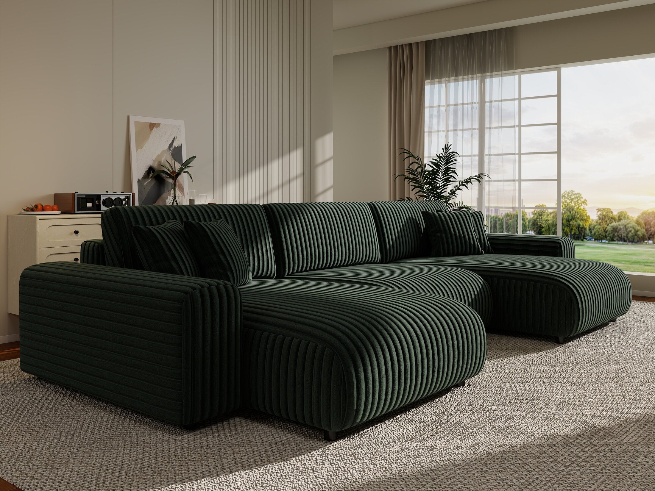 Colțar extensibil dumonde cu ladă de depozitare si sezut confortabil din spuma HR, Sarina U Ambience Verde 350x168 cm