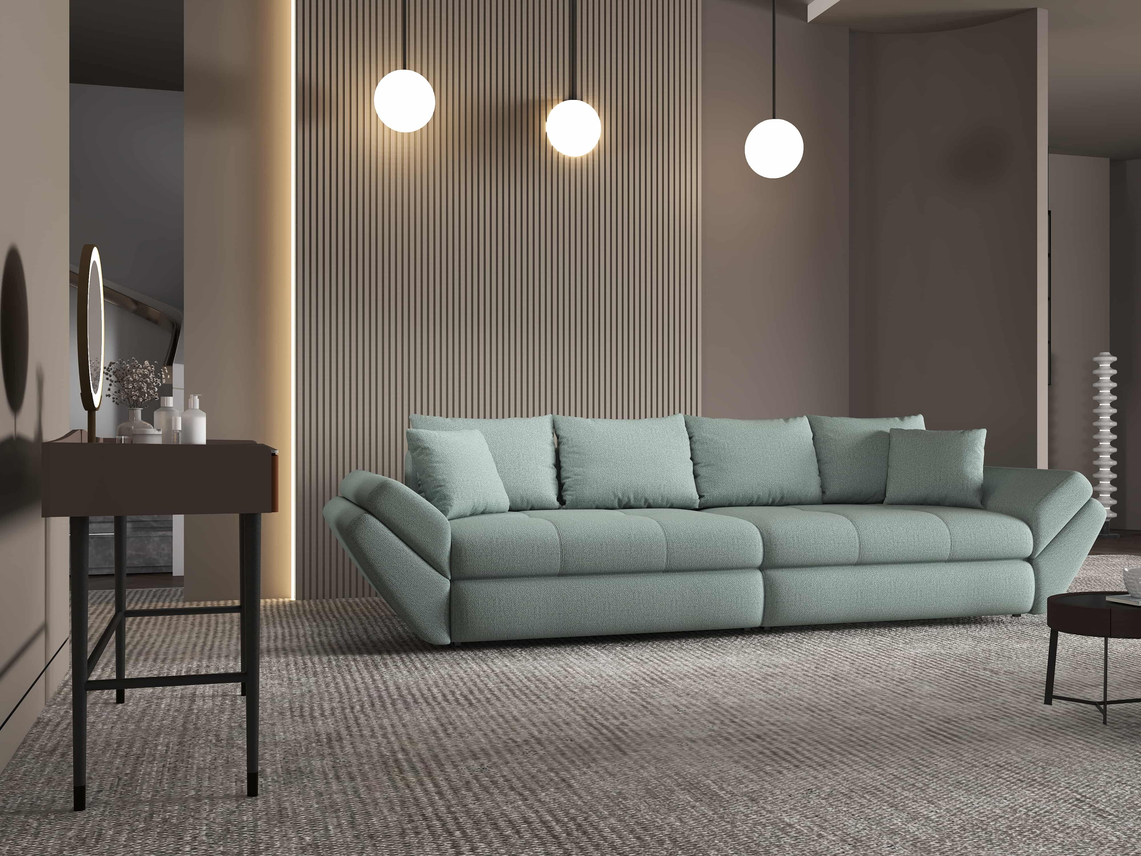Canapea extensibilă dumonde cu ladă de depozitare si sezut confortabil din spuma HR, Loana Enjoy Mint 300x100 cm Fabrica