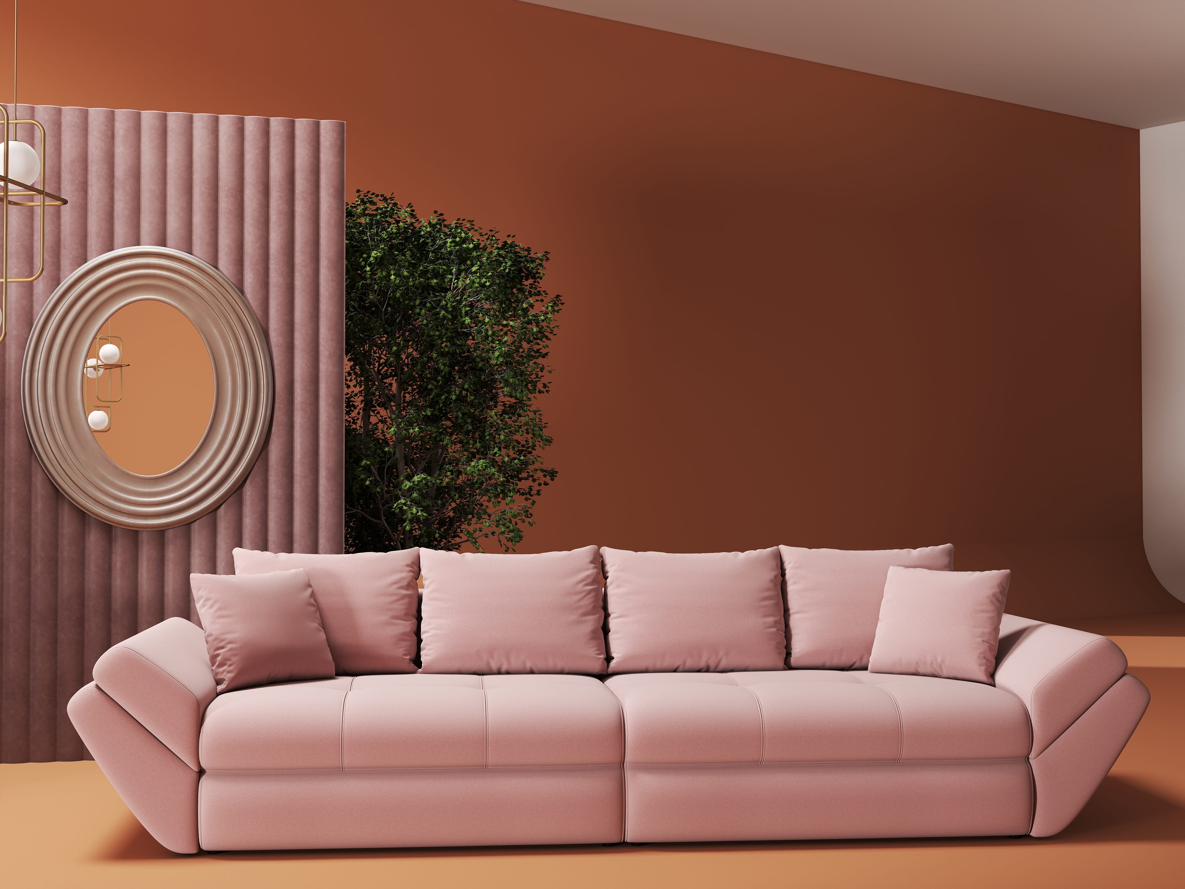 Canapea extensibilă dumonde cu ladă de depozitare si sezut confortabil din spuma HR, Loana Royal Roz 300x100 cm Fabrica