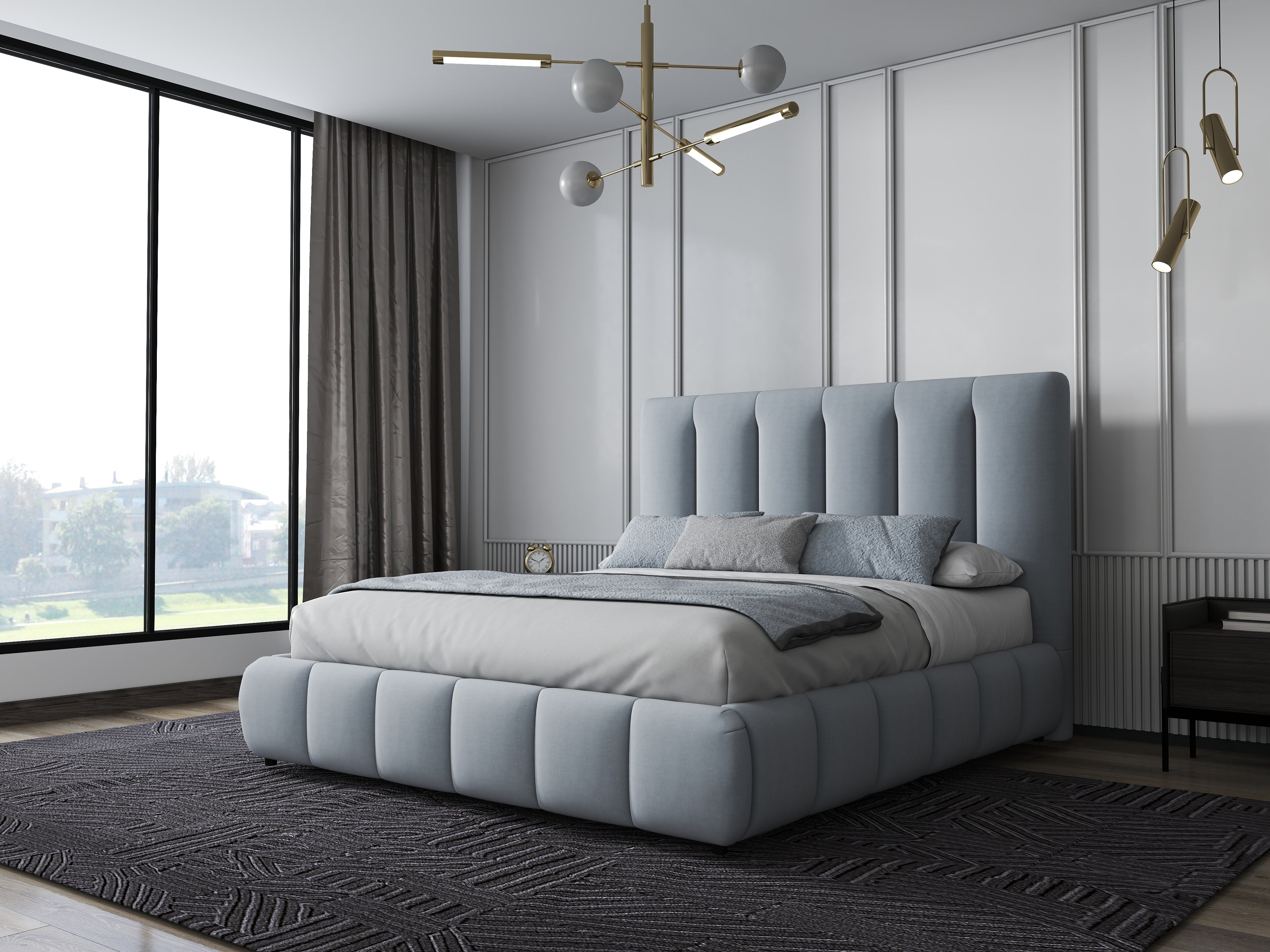 Pat dormitor dumonde, tapitat gri, Divaneo 160x200 cm, somiera rabatabila inclusa, spatiu depozitare WLS