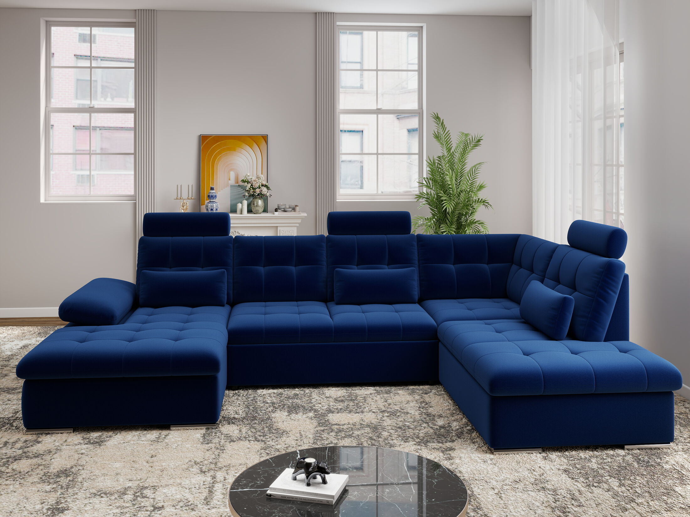 Colțar extensibil dumonde cu ladă de depozitare și șezut confortabil din spumă HR, Merkur U Royal Albastru Navy 324x218 cm