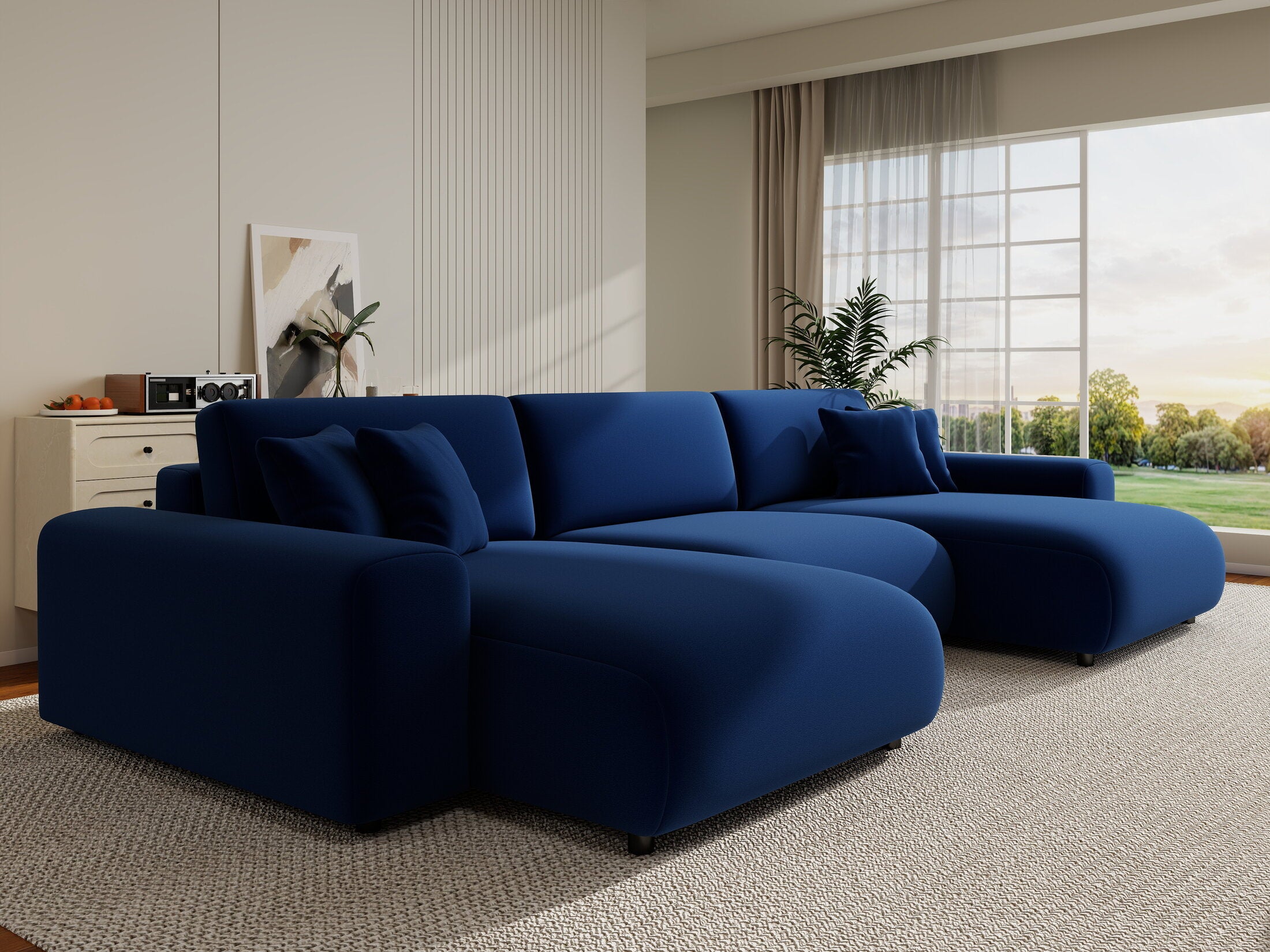 Colțar extensibil dumonde cu ladă de depozitare si sezut confortabil din spuma HR, Sarina U Royal Albastru Navy 350x168 cm