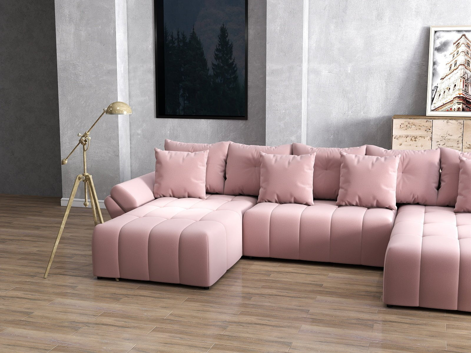 Colțar extensibil dumonde cu ladă de depozitare si sezut confortabil din spuma HR, Berlin U Royal Roz 380x180 cm Fabrica