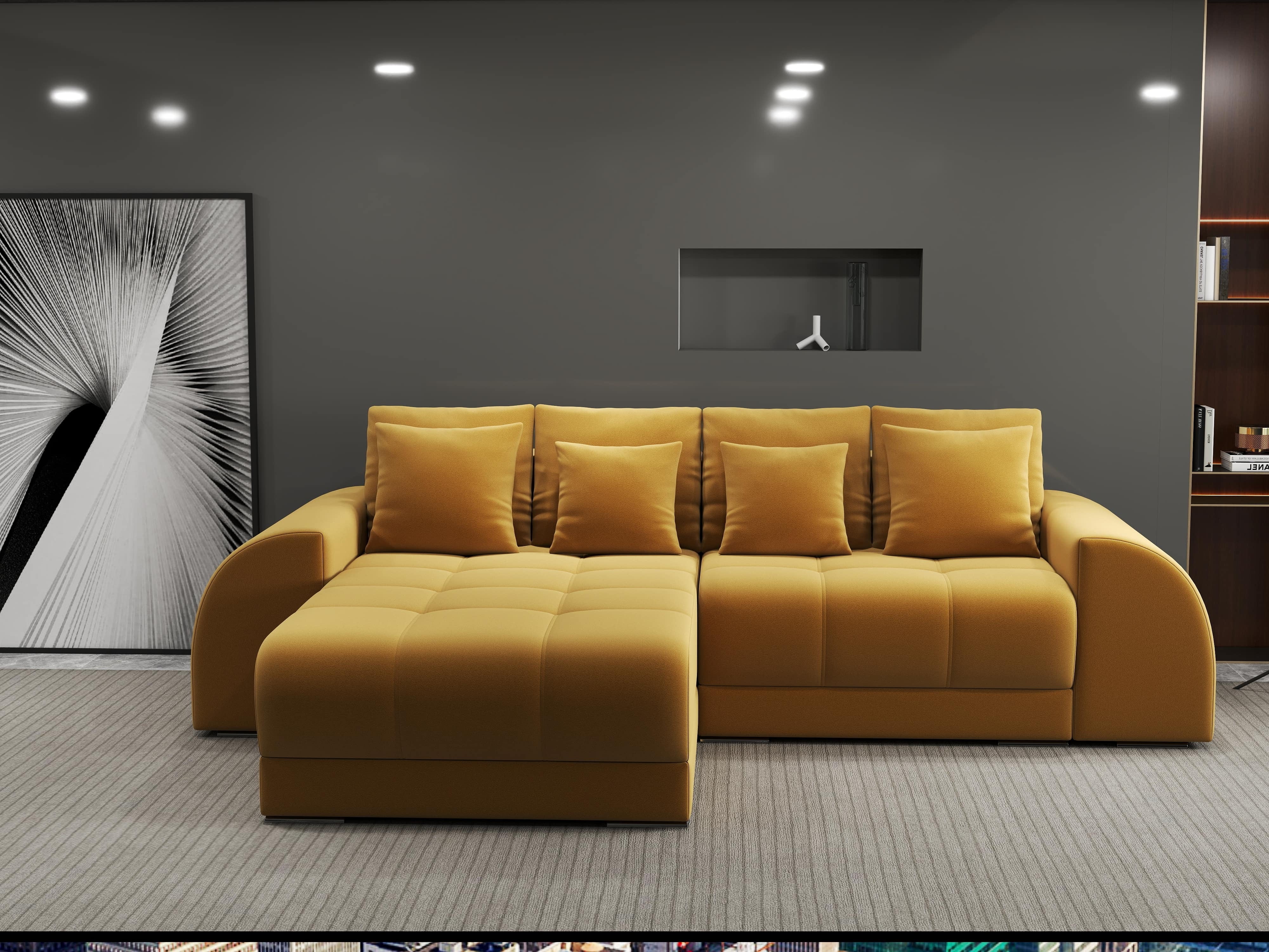 Colțar extensibil dumonde cu ladă de depozitare si sezut confortabil din spuma HR, Verona Royal Mustar 290x185 cm Fabrica