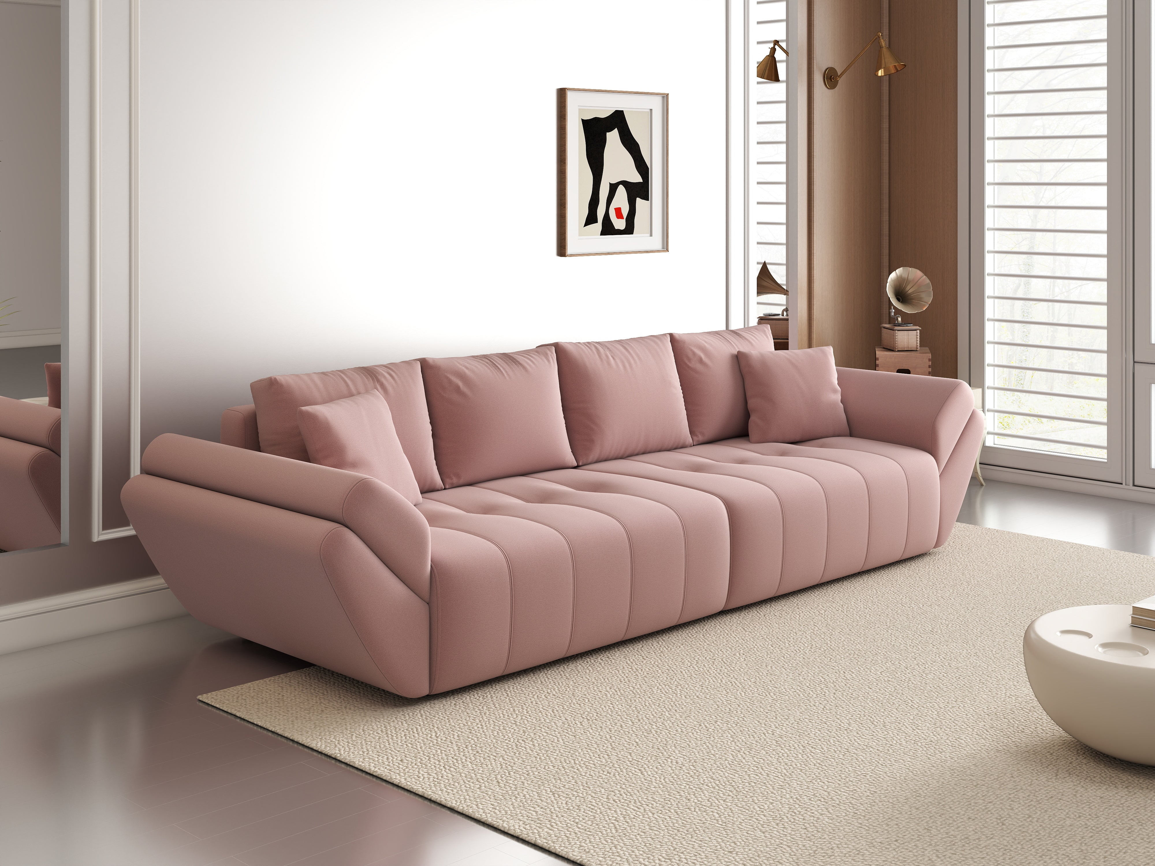 Canapea extensibilă dumonde cu ladă de depozitare si sezut confortabil din spuma HR, Berlin Royal Pink 300x100 cm Fabrica