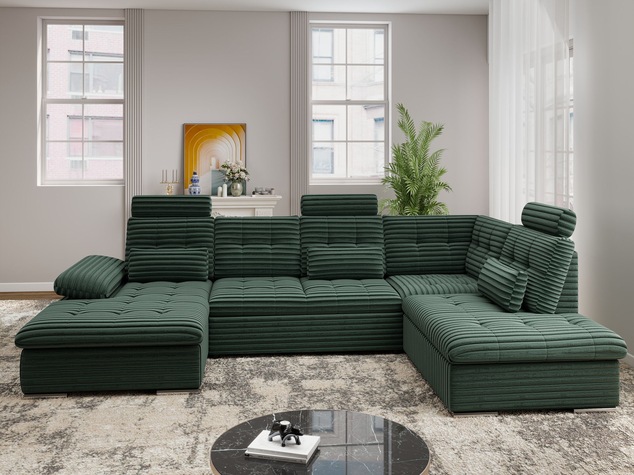 Colțar extensibil dumonde cu ladă de depozitare și șezut confortabil din spumă HR, Merkur U Ambience Verde 324x218 cm