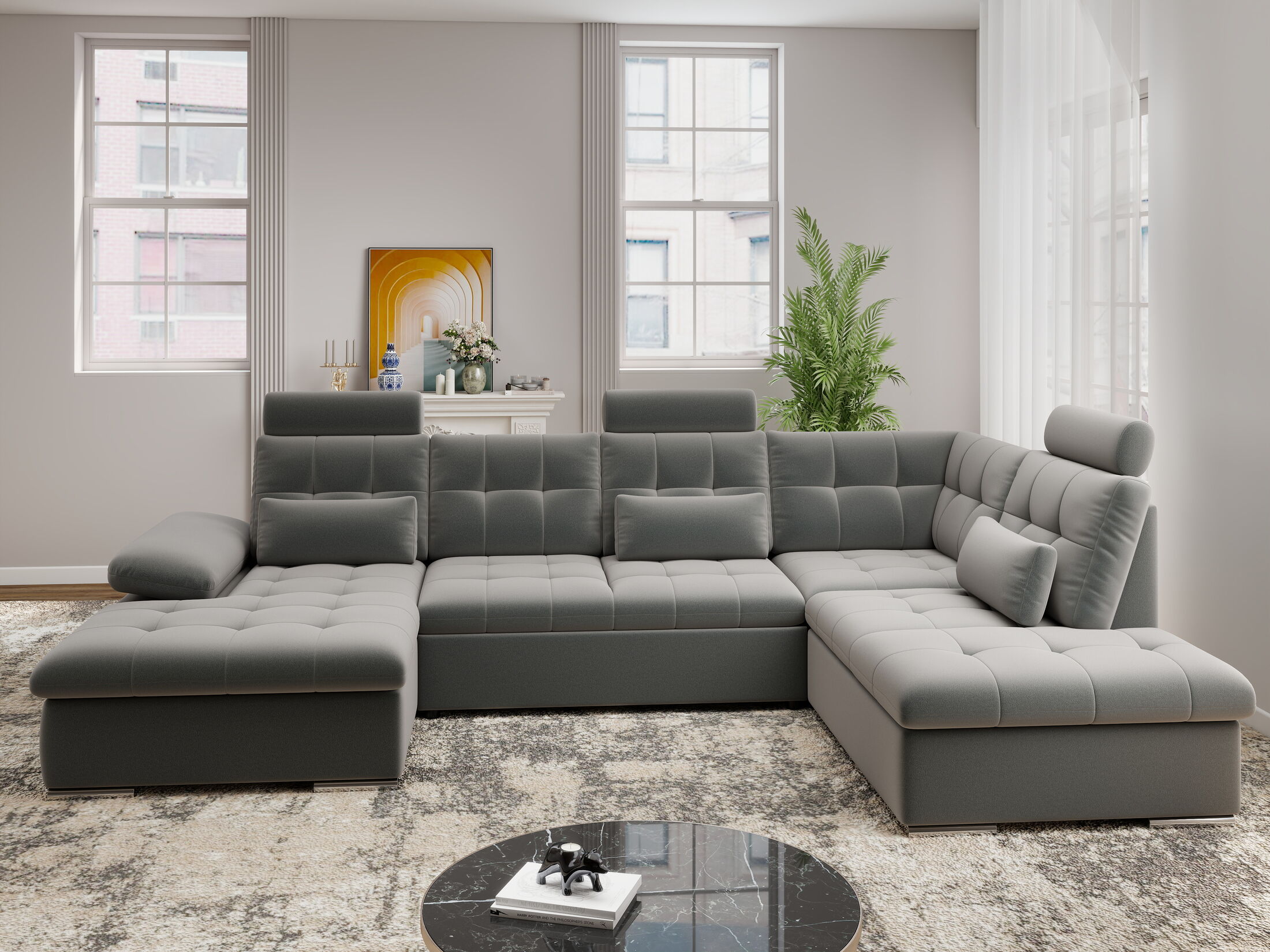 Colțar extensibil dumonde cu ladă de depozitare și șezut confortabil din spumă HR, Merkur U Royal Antracit 324x218 cm