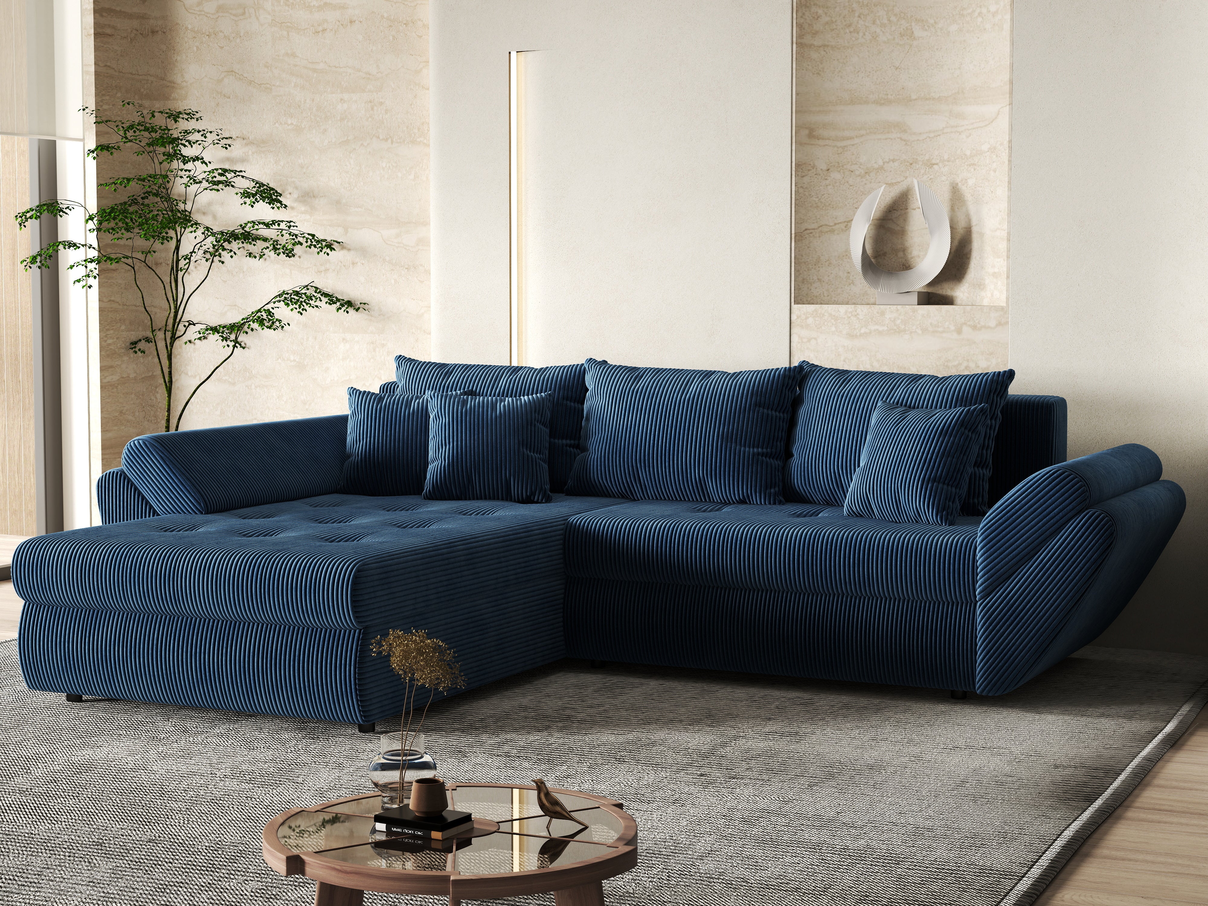 Colțar extensibil dumonde cu ladă de depozitare si sezut confortabil din spuma HR, Loana Zoom Blue 270x185 cm Fabrica