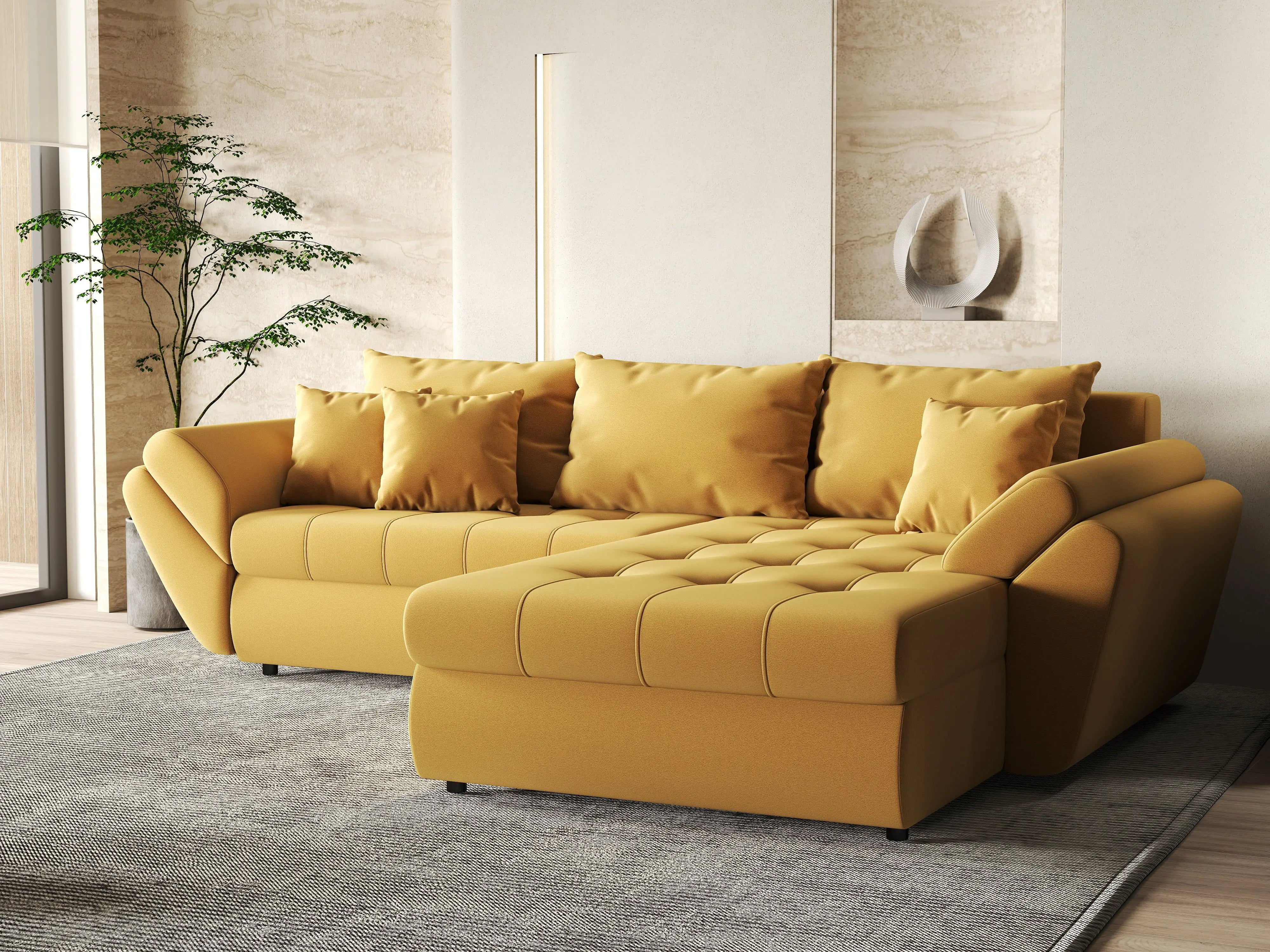 Colțar extensibil dumonde cu ladă de depozitare si sezut confortabil din spuma HR, Loana Muștar II 270x185 cm Fabrica