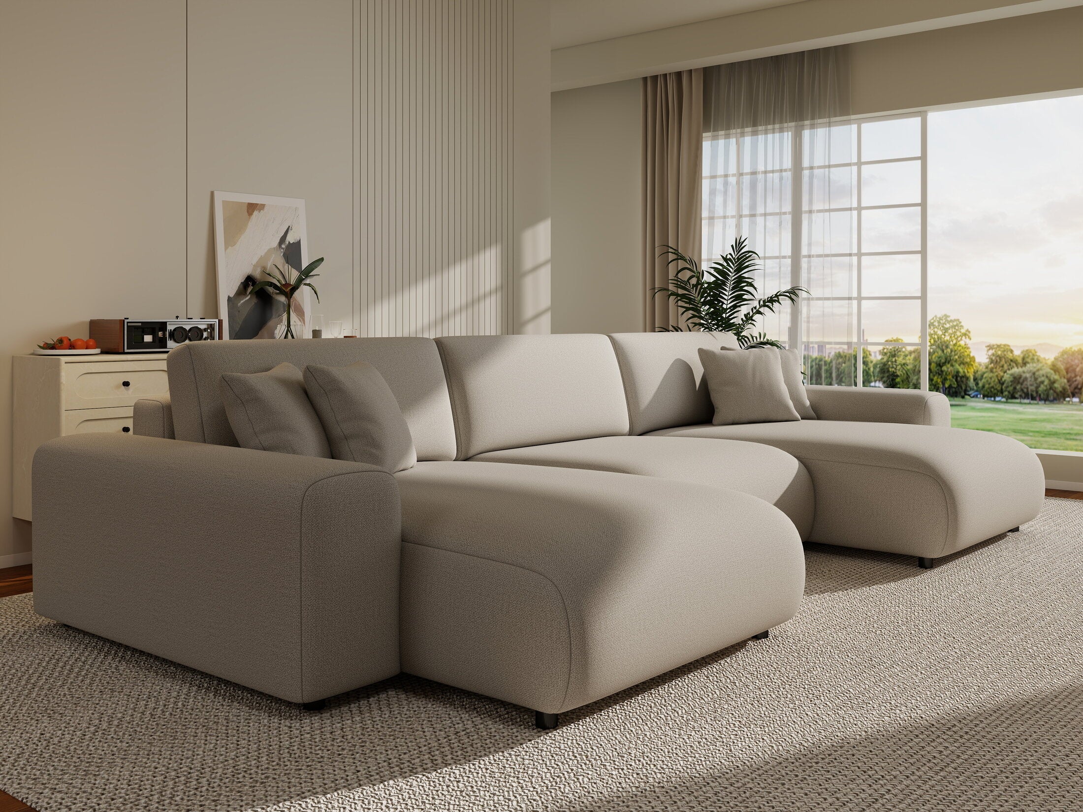 Colțar extensibil dumonde cu ladă de depozitare si sezut confortabil din spuma HR, Sarina U Enjoy Bej 350x168 cm