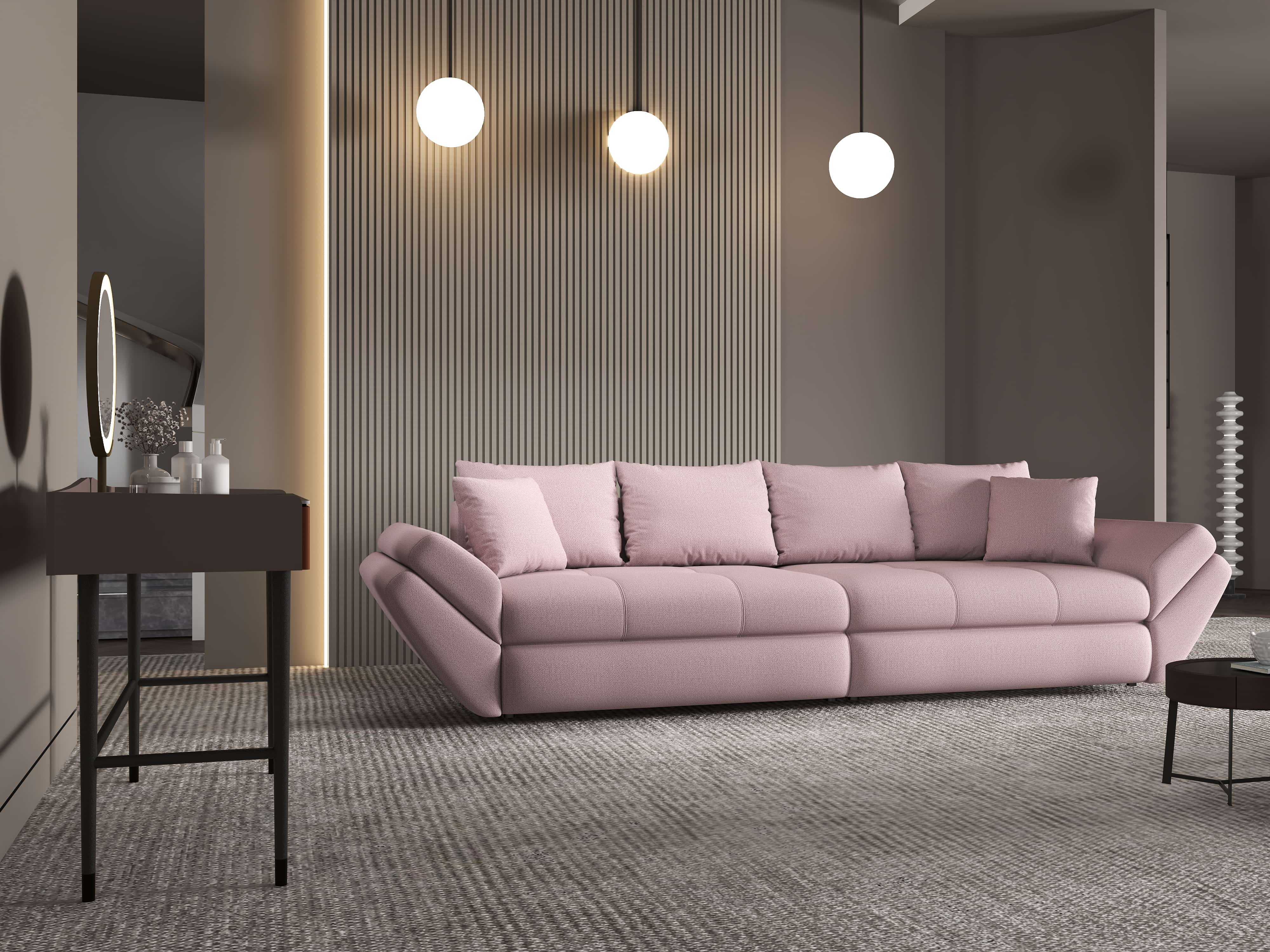 Canapea extensibilă dumonde cu ladă de depozitare si sezut confortabil din spuma HR, Loana Enjoy Roz 300x100 cm Fabrica