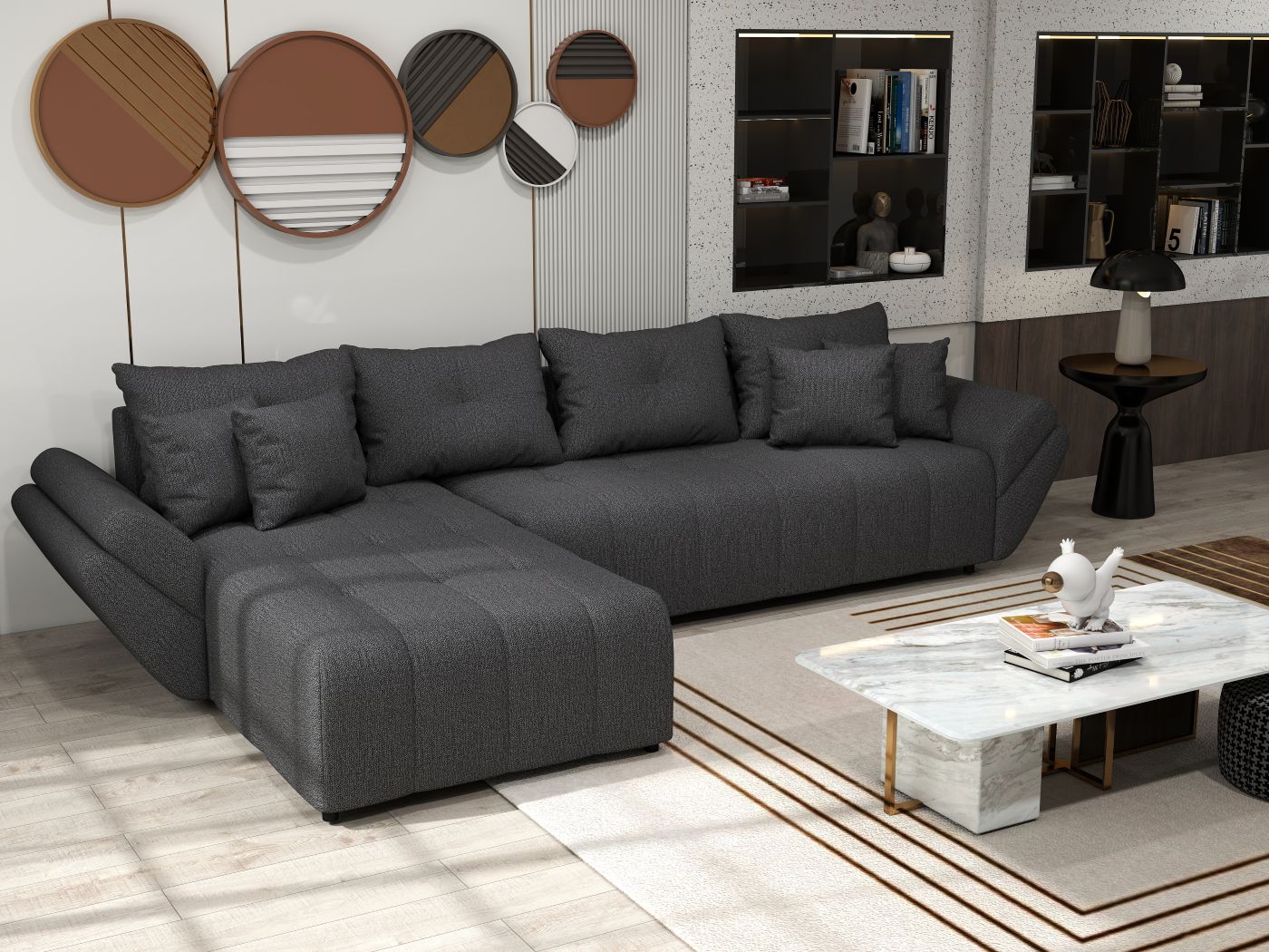 Colțar extensibil dumonde cu ladă de depozitare si sezut confortabil din spuma HR, Berlin XL Enjoy Graphite 350x185 cm Fabrica