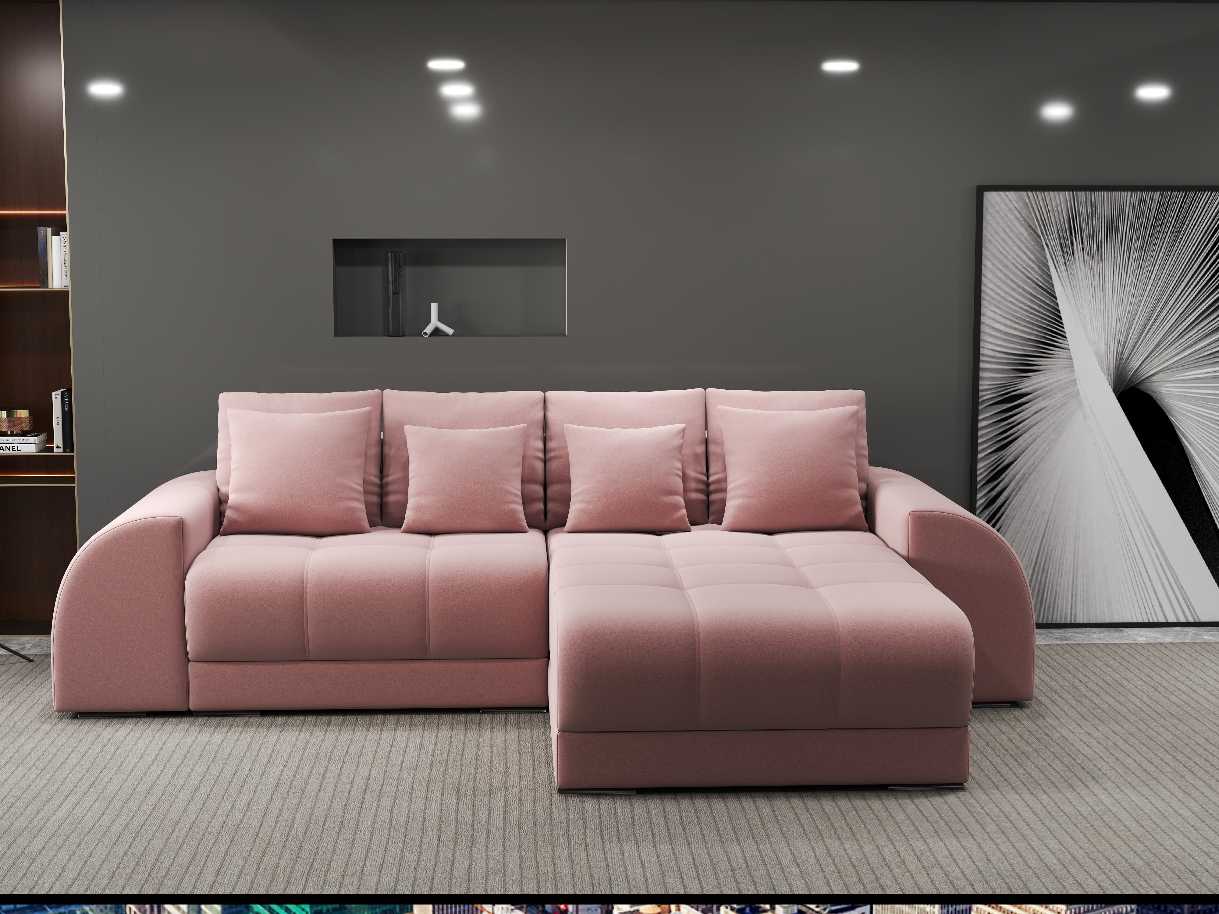 Colțar extensibil dumonde cu ladă de depozitare si sezut confortabil din spuma HR, Verona Royal Roz II 290x185 cm Fabrica