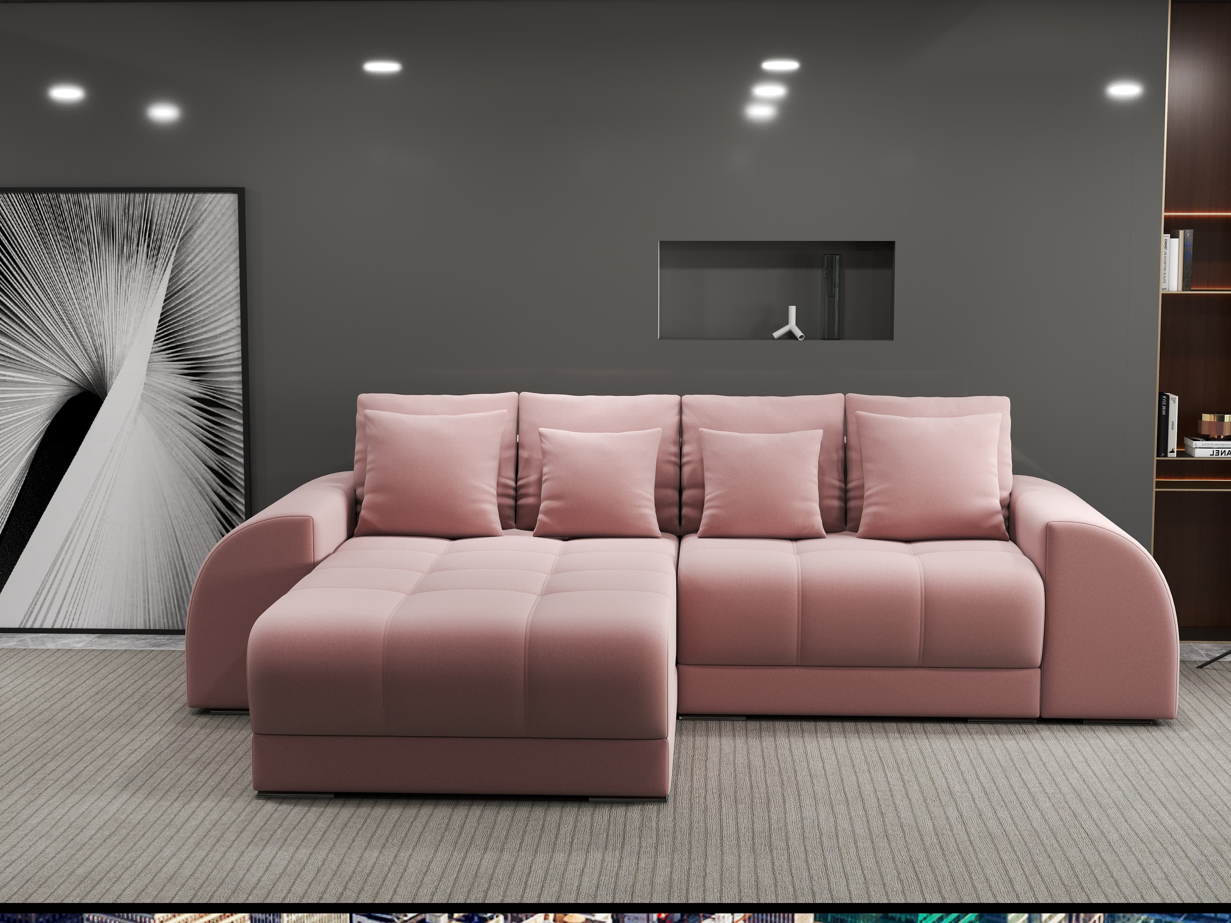 Colțar extensibil dumonde cu ladă de depozitare si sezut confortabil din spuma HR, Verona Royal Roz 290x185 cm Fabrica