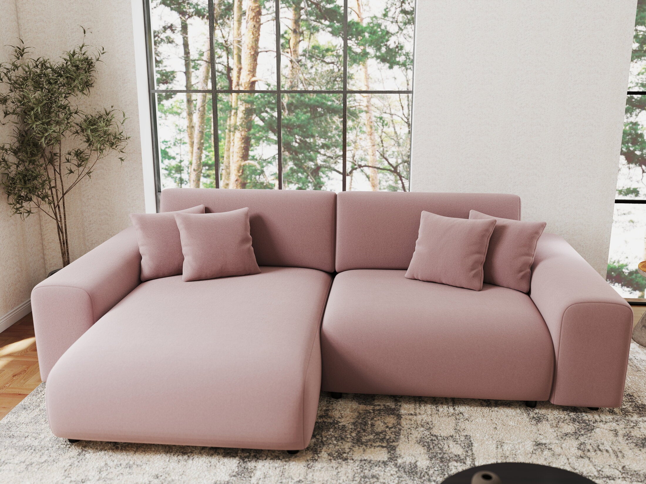 Colțar extensibil dumonde cu ladă de depozitare si sezut confortabil din spuma HR, Sarina Royal Roz 255x168 cm