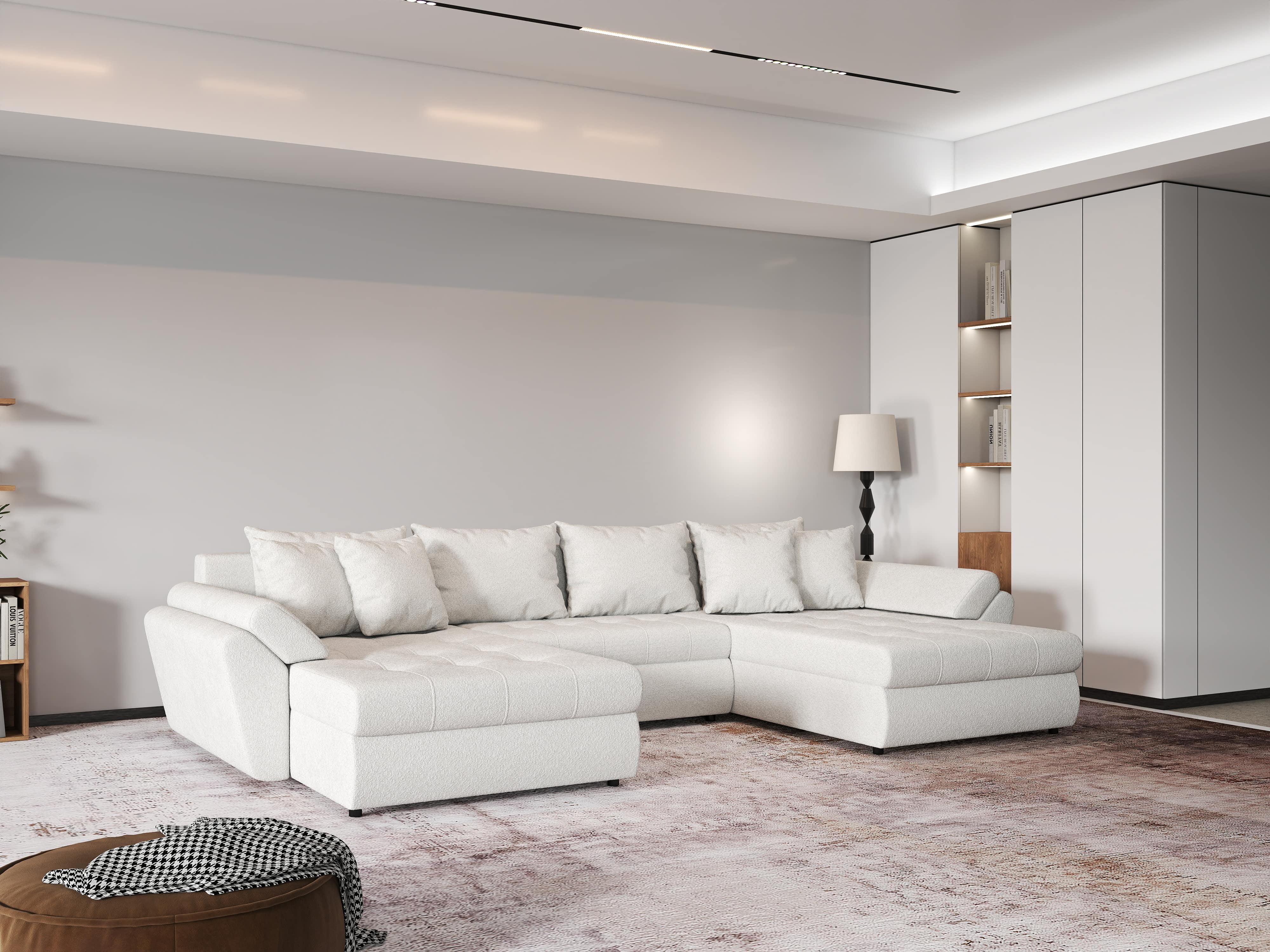 Colțar extensibil dumonde cu ladă de depozitare si sezut confortabil din spuma HR, Loana U Euphoria Ivory 355x185 cm Fabrica