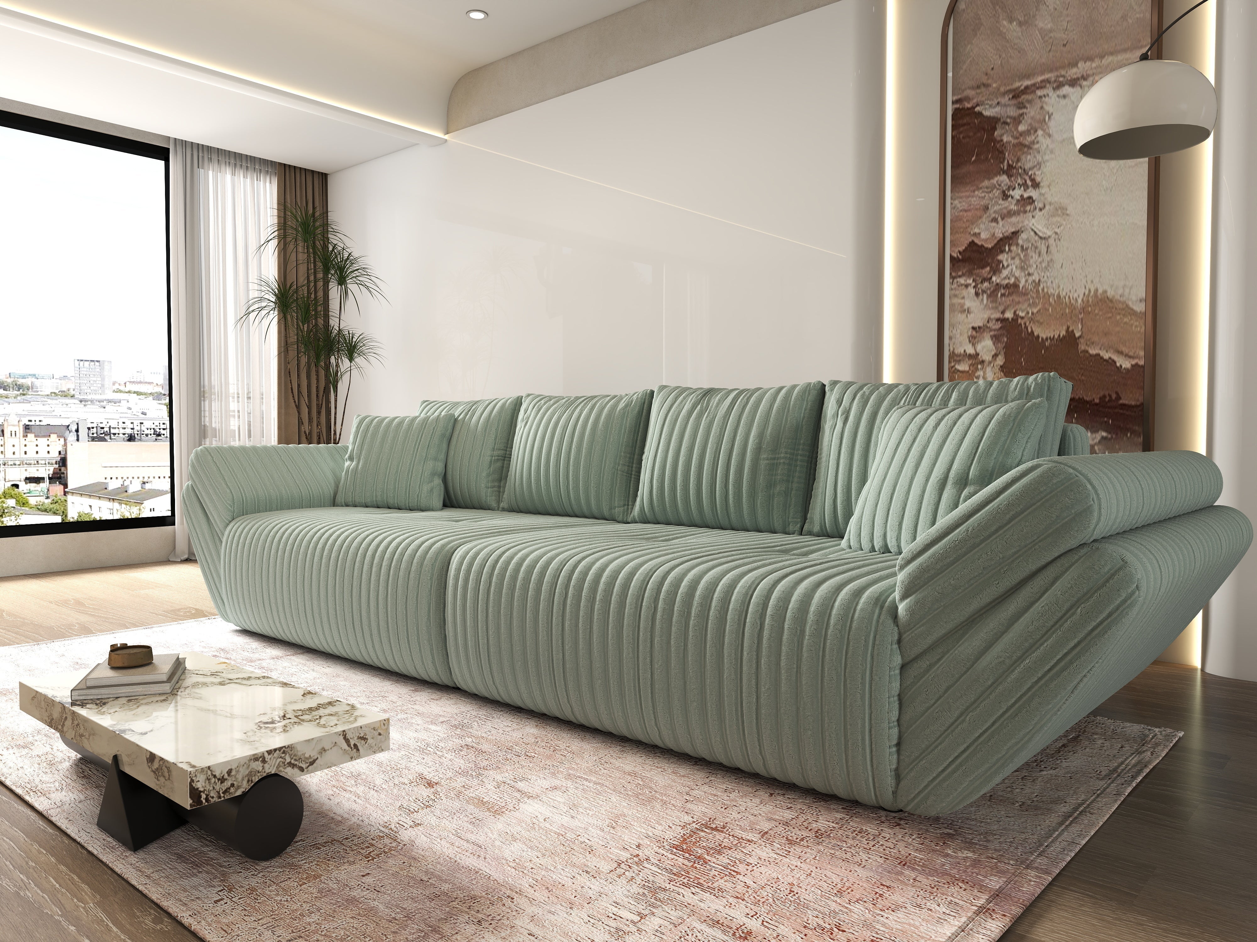 Canapea extensibilă dumonde cu ladă de depozitare si sezut confortabil din spuma HR, Berlin Ambience Mint 300x100 cm Fabrica