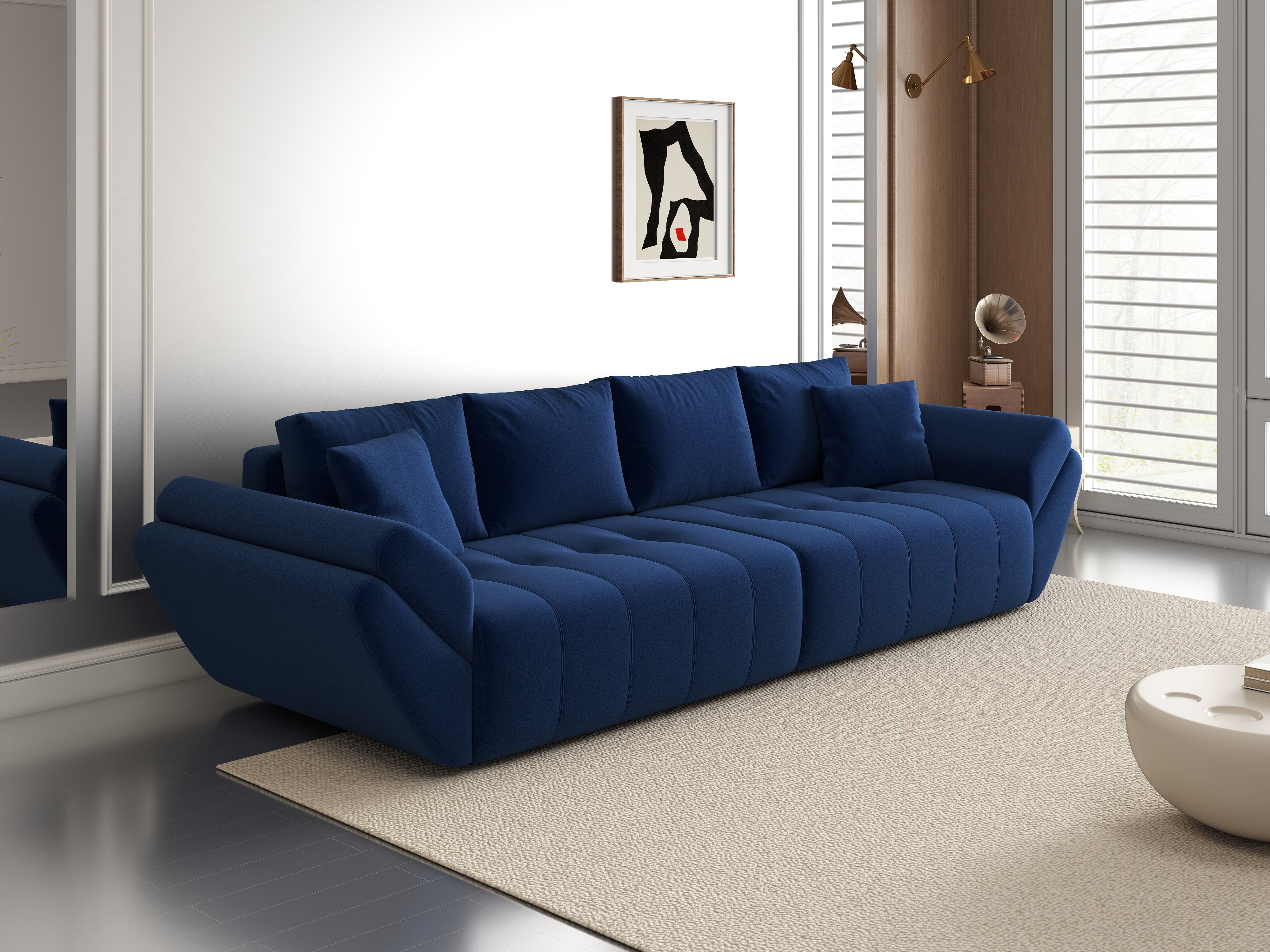 Canapea extensibilă dumonde cu ladă de depozitare si sezut confortabil din spuma HR, Berlin Royal Blue 300x100 cm Fabrica