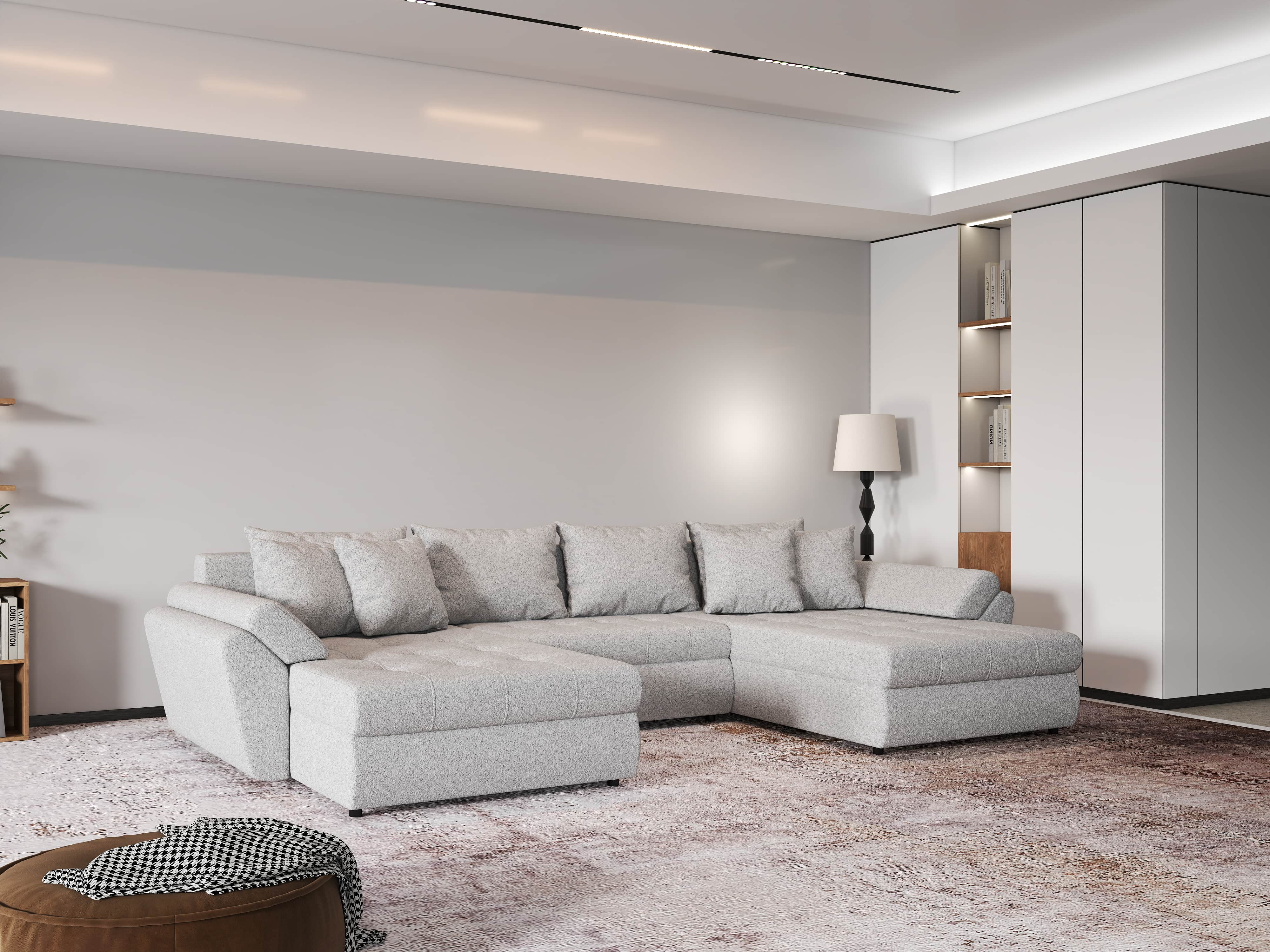 Colțar extensibil dumonde cu ladă de depozitare si sezut confortabil din spuma HR, Loana U Euphoria Dove 355x185 cm Fabrica