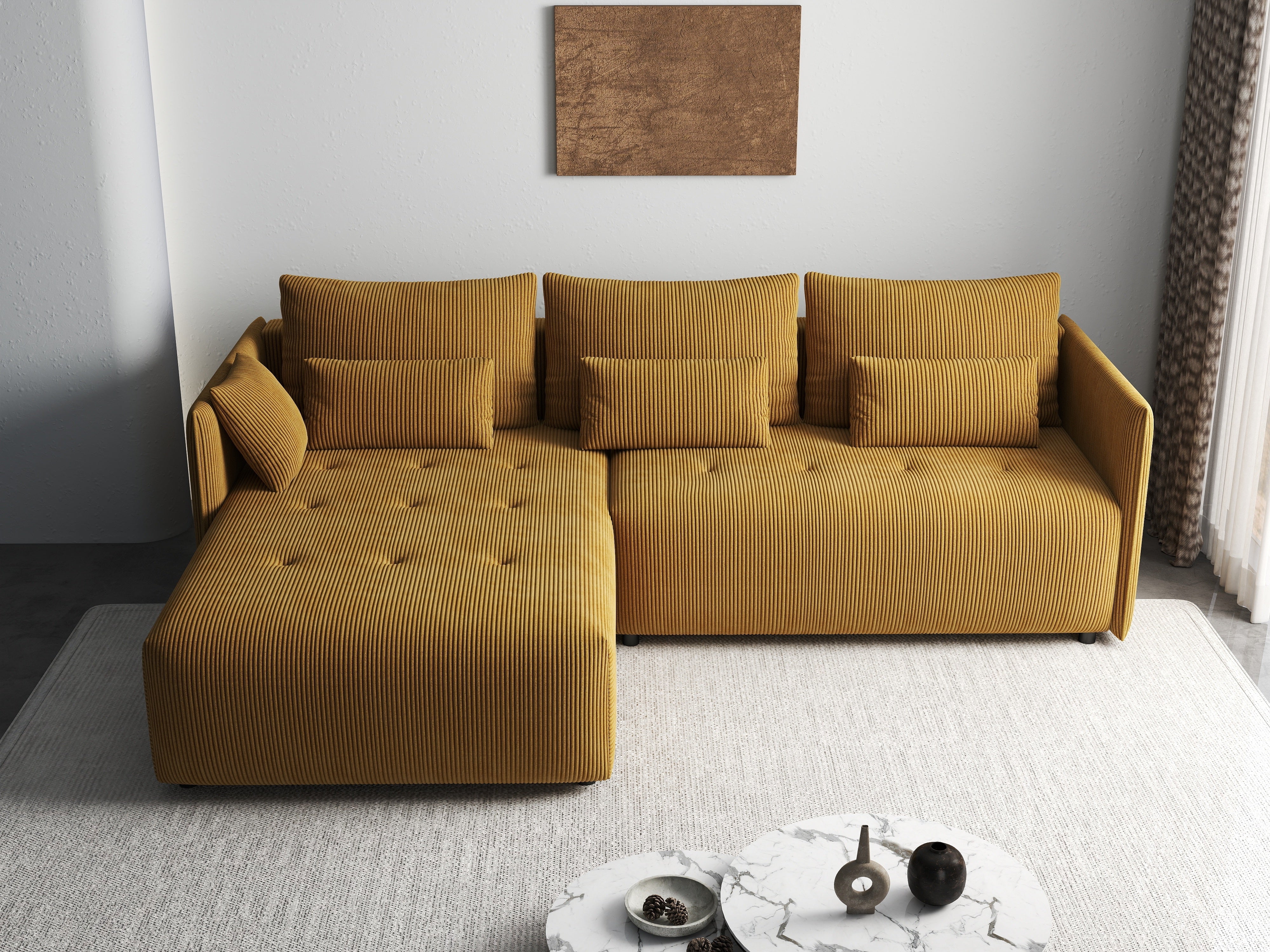 Colțar extensibil dumonde cu ladă de depozitare si sezut confortabil din spuma HR, Malta Zoom Mustar II 235x185 cm Fabrica