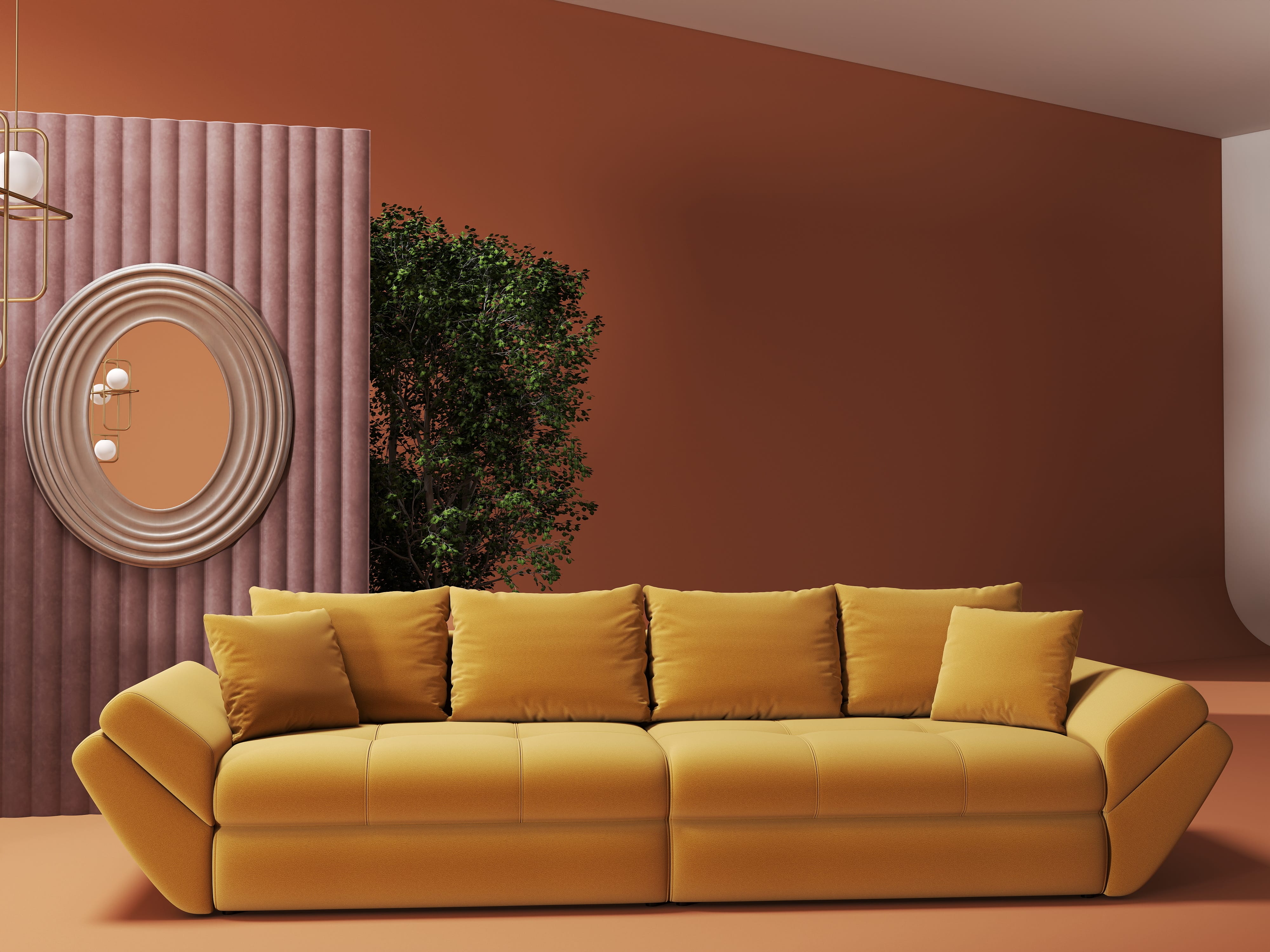 Canapea extensibilă dumonde cu ladă de depozitare si sezut confortabil din spuma HR, Loana Royal Mustar 300x100 cm Fabrica